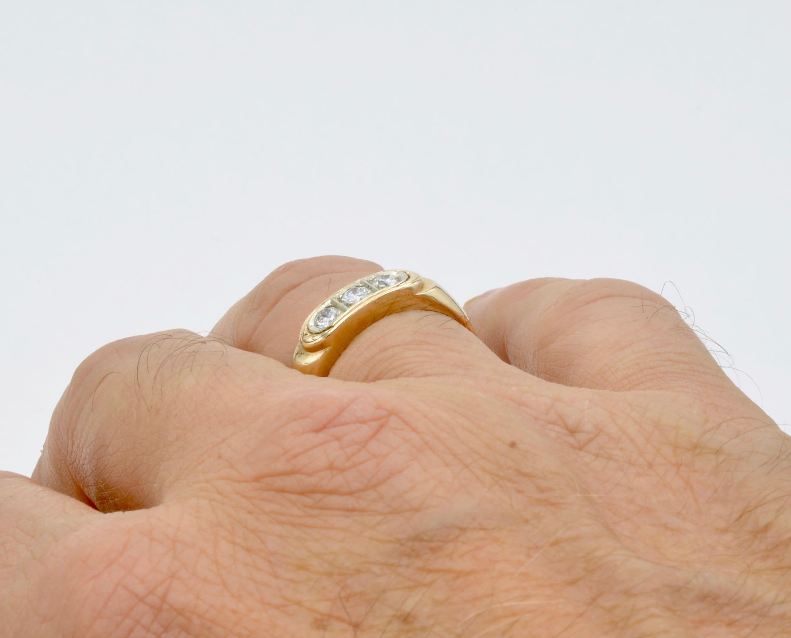 3 Diamond Mens 14 Karat Gold Ring 1970 For Sale 1