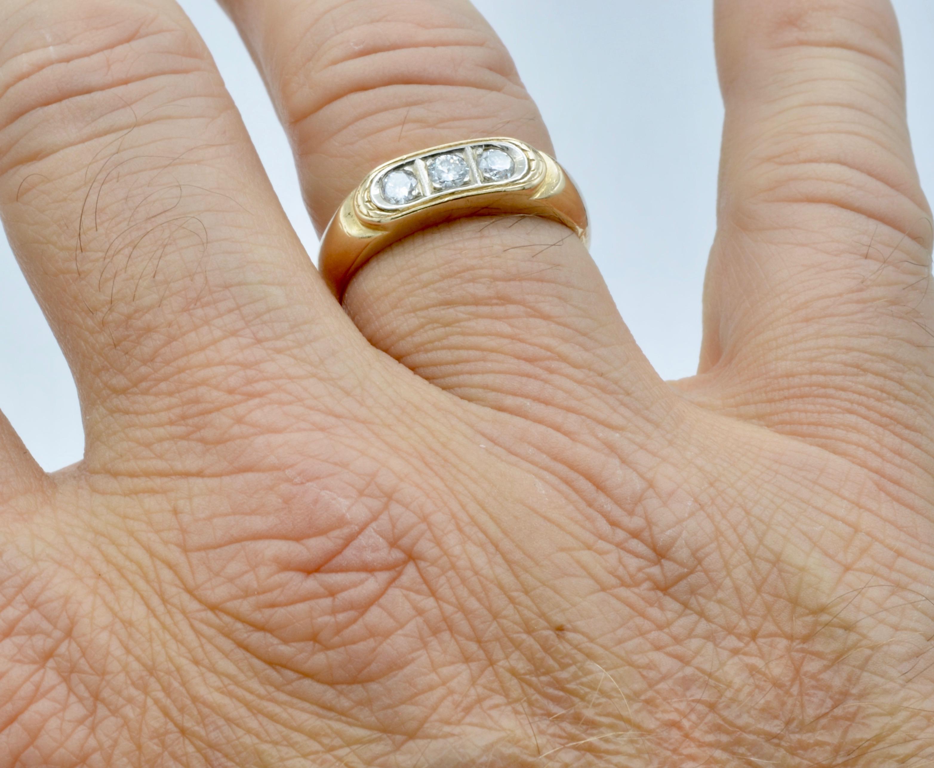3 Diamond Mens 14 Karat Gold Ring 1970 For Sale 2