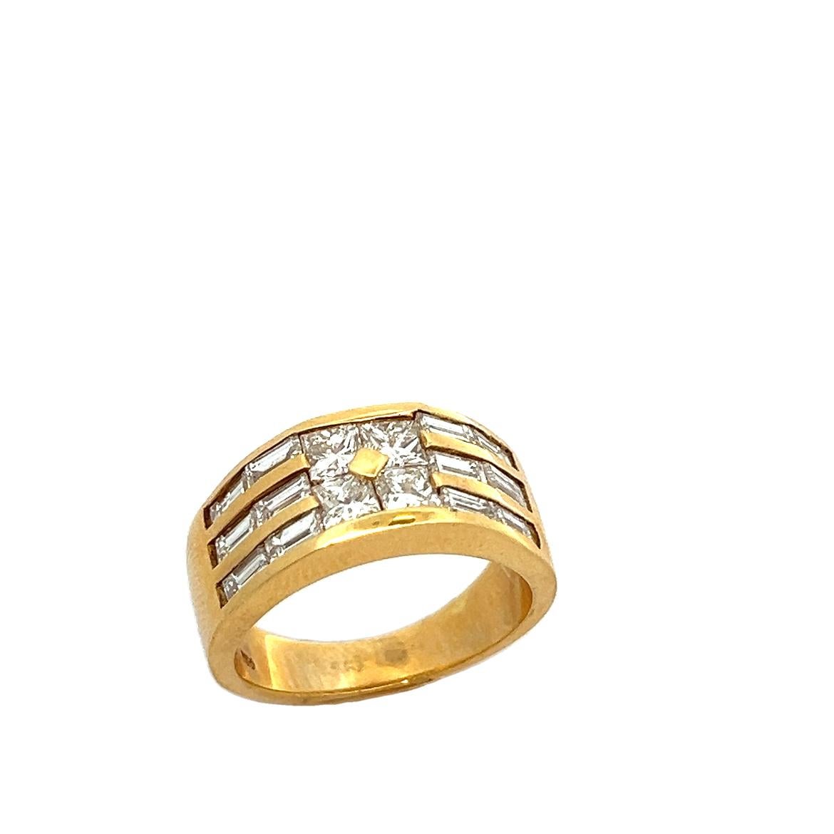 Men's Three Row Diamond Ring Band. A ring featuring three rows of diamonds. 

Four princess cut diamonds weighing 1.00 carats & twelve baguette cut diamonds weighing 1.05 carats. 

Ring Size: 6.25

Resizable free of charge 

Metal Type: 18 karat