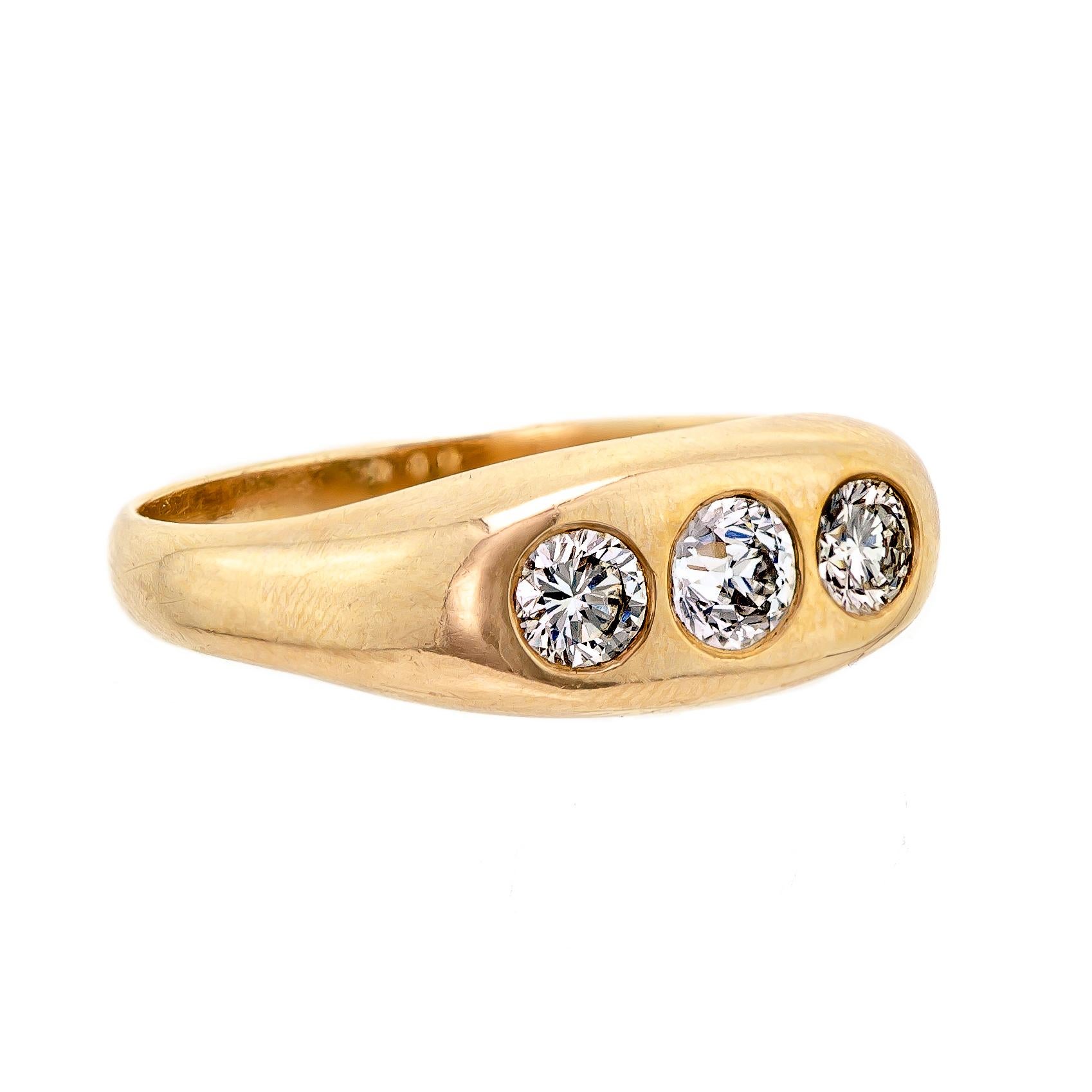 Old European Cut Men's Three Stone Diamond and 14 Karat Yellow Gold Ring