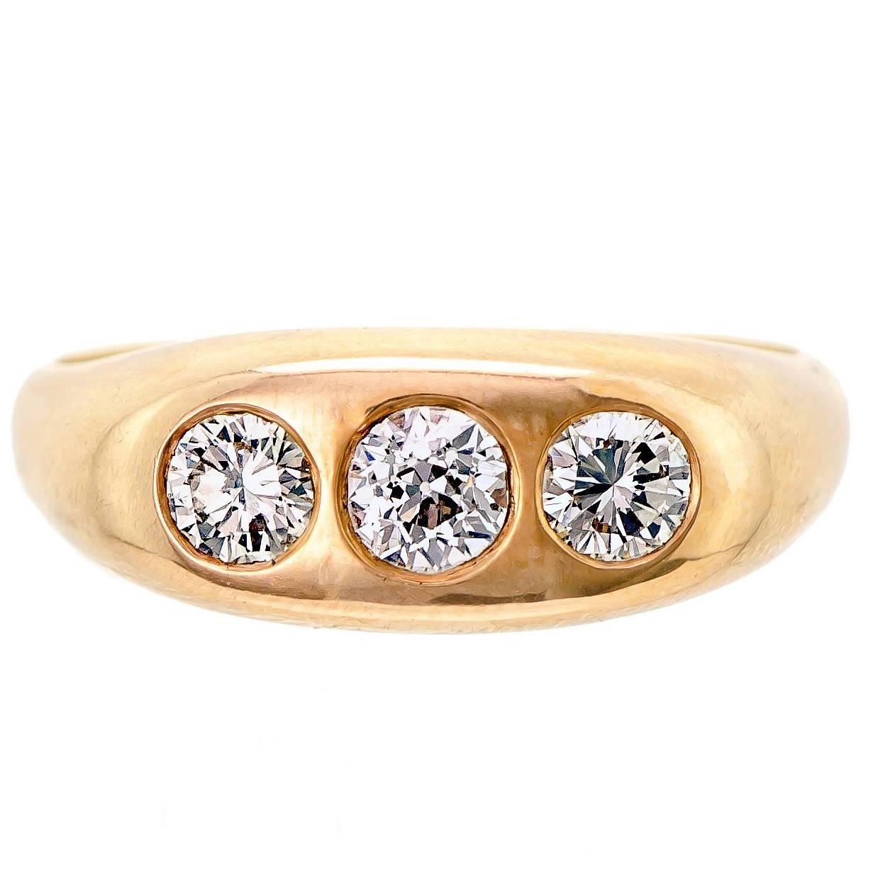 Men’s Three-Stone Diamond and 14 Karat Yellow Gold Ring For Sale