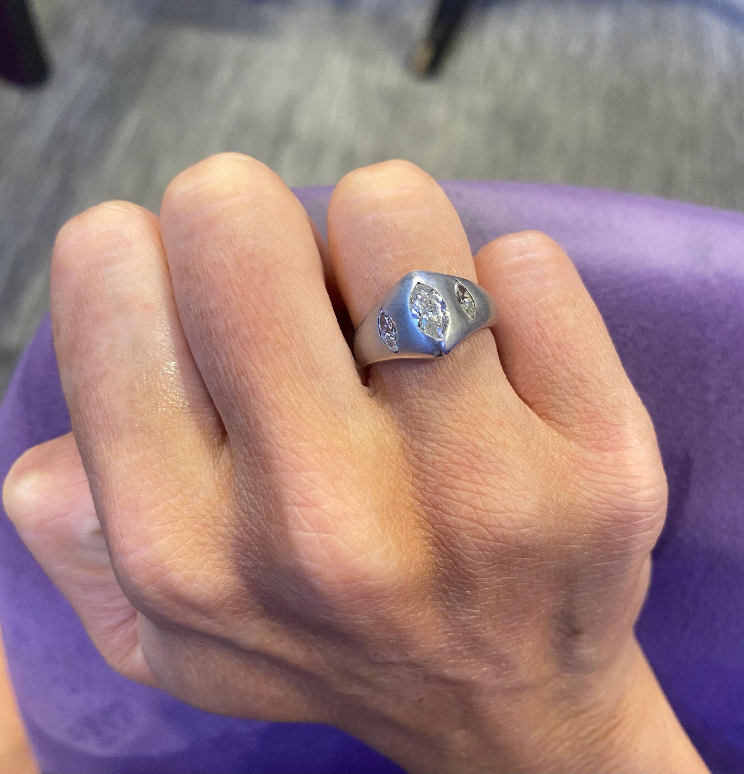 Men's Three Stone Marquise Cut Diamond Ring In Excellent Condition For Sale In New York, NY