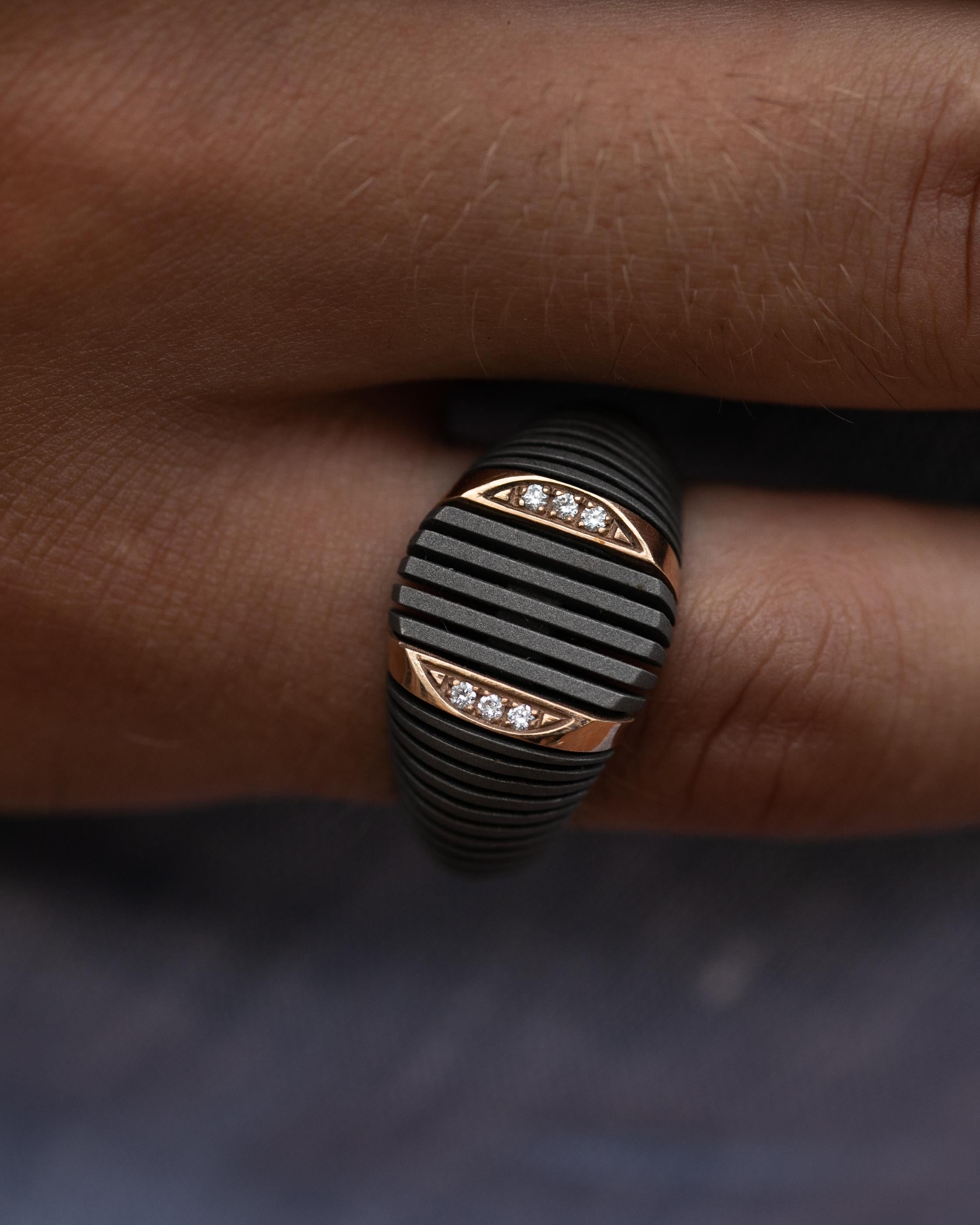 Titanium signet ring is from our Men's Collection. This masculine ring is made of 6 natural colorless round diamonds in total of 0.06 Carat placed on 18K rose gold detail. The band is 1.3cm wide. Perfect for manly look!

The men’s collection is a