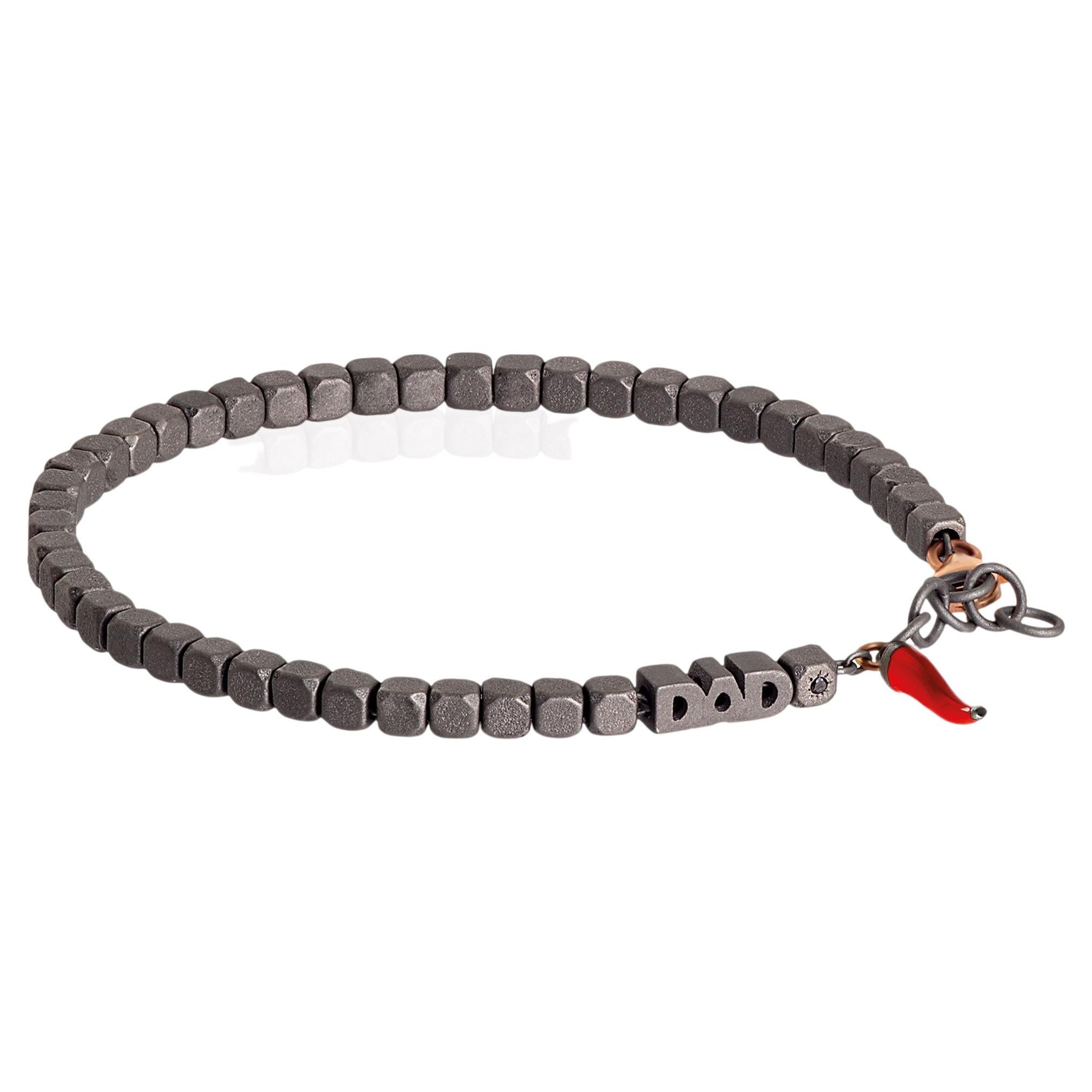 Men's Titanium Bracelet & 9kt Gold, Dad in Titanium and Red Lucky Horn For Sale