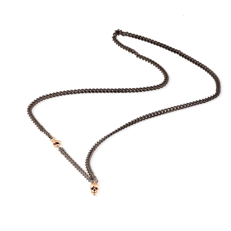 Men's Titanium Necklace, Groumette Line, Skull and Clasp 9KT Red Gold
