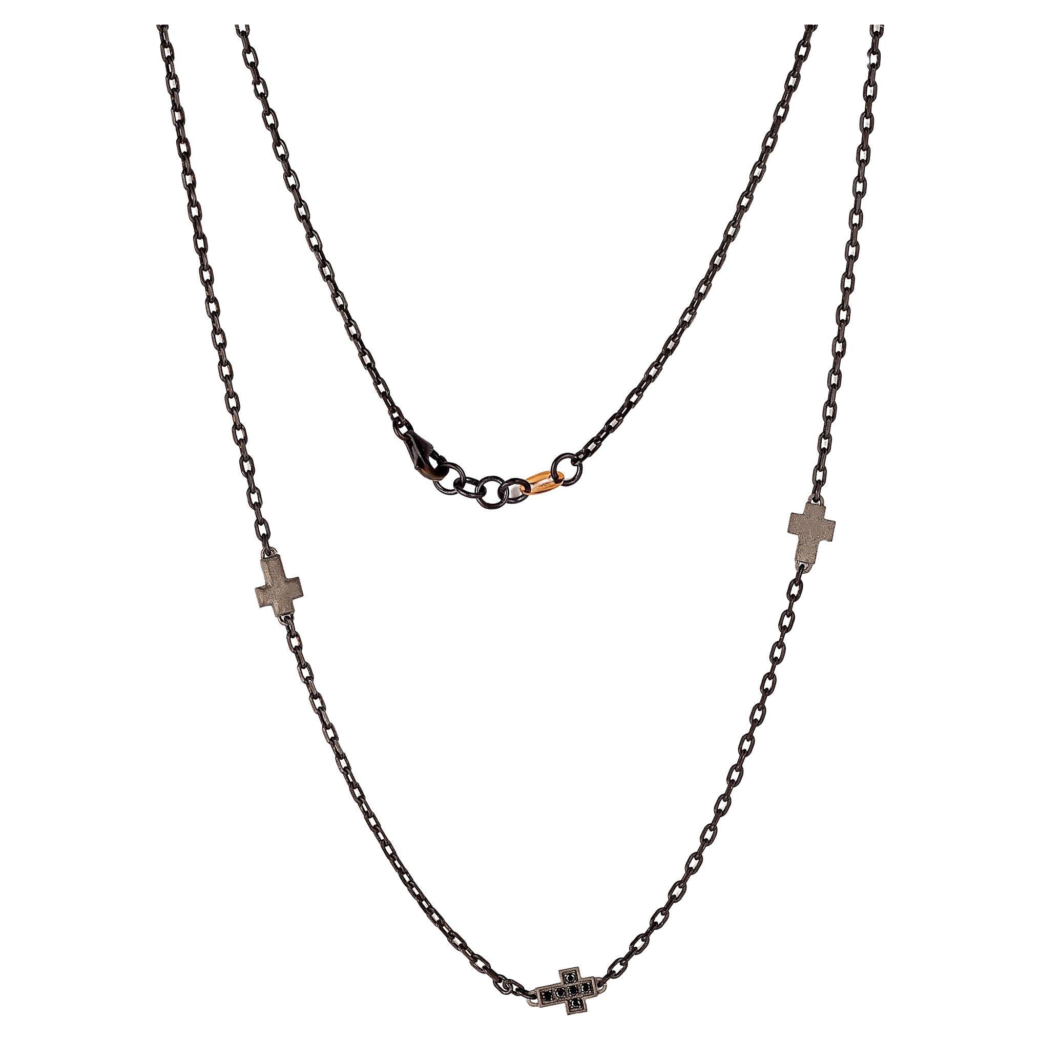 Men's TItanium Necklace with 3 Coresses and Black Diamonds, 9KT Red Gold For Sale