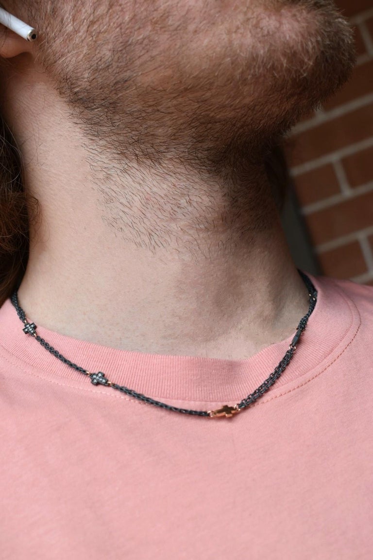 Men's Titanium Necklace with 5 Coresses, and White Diamonds, 9KT Red