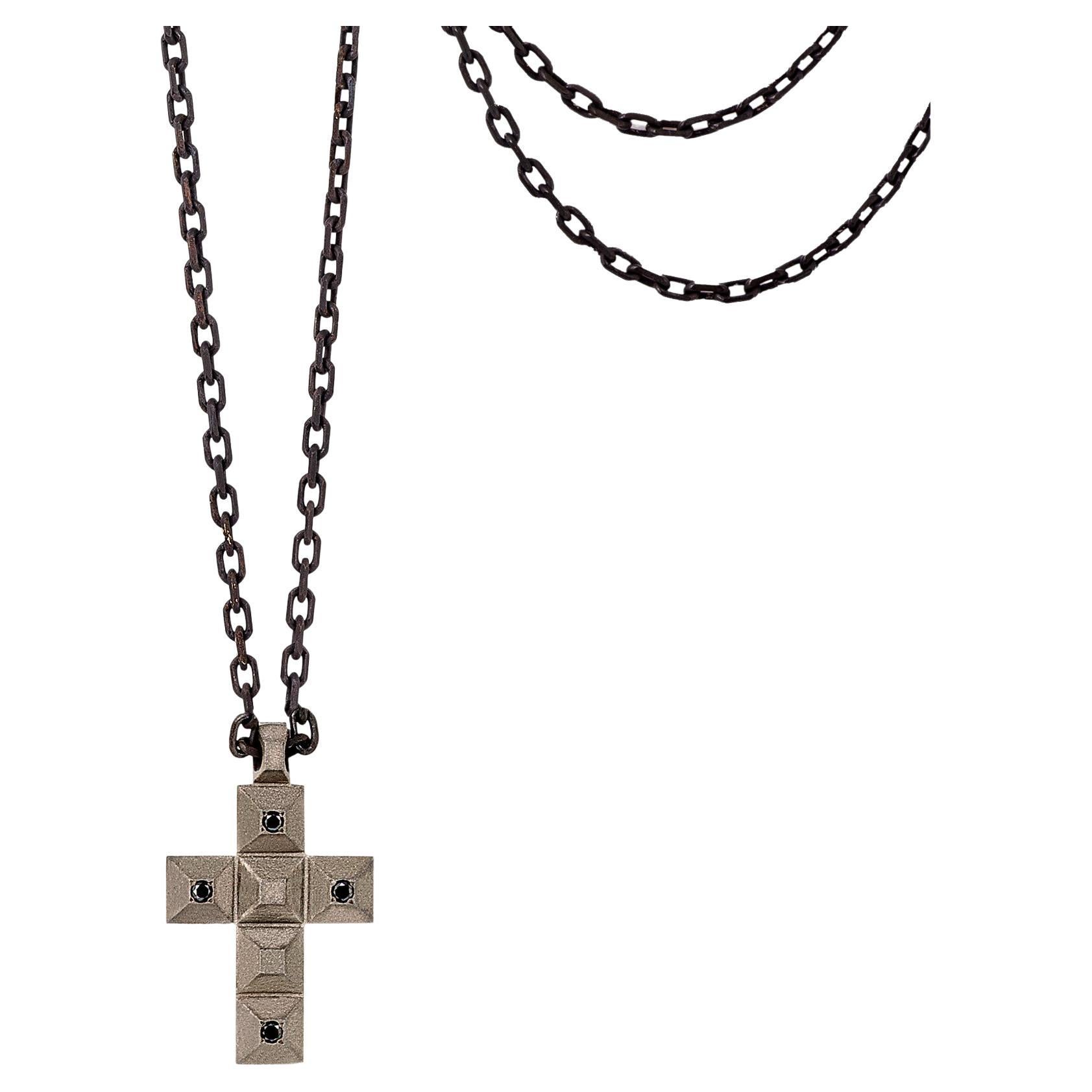 Men's Titanium Necklace with Small Cross, Black Diamonds and 9KT Red Gold