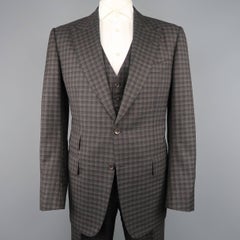 Tom Ford Suit - Men's Grey and Brown Checkered Tartan Wool Three Piece Jacket