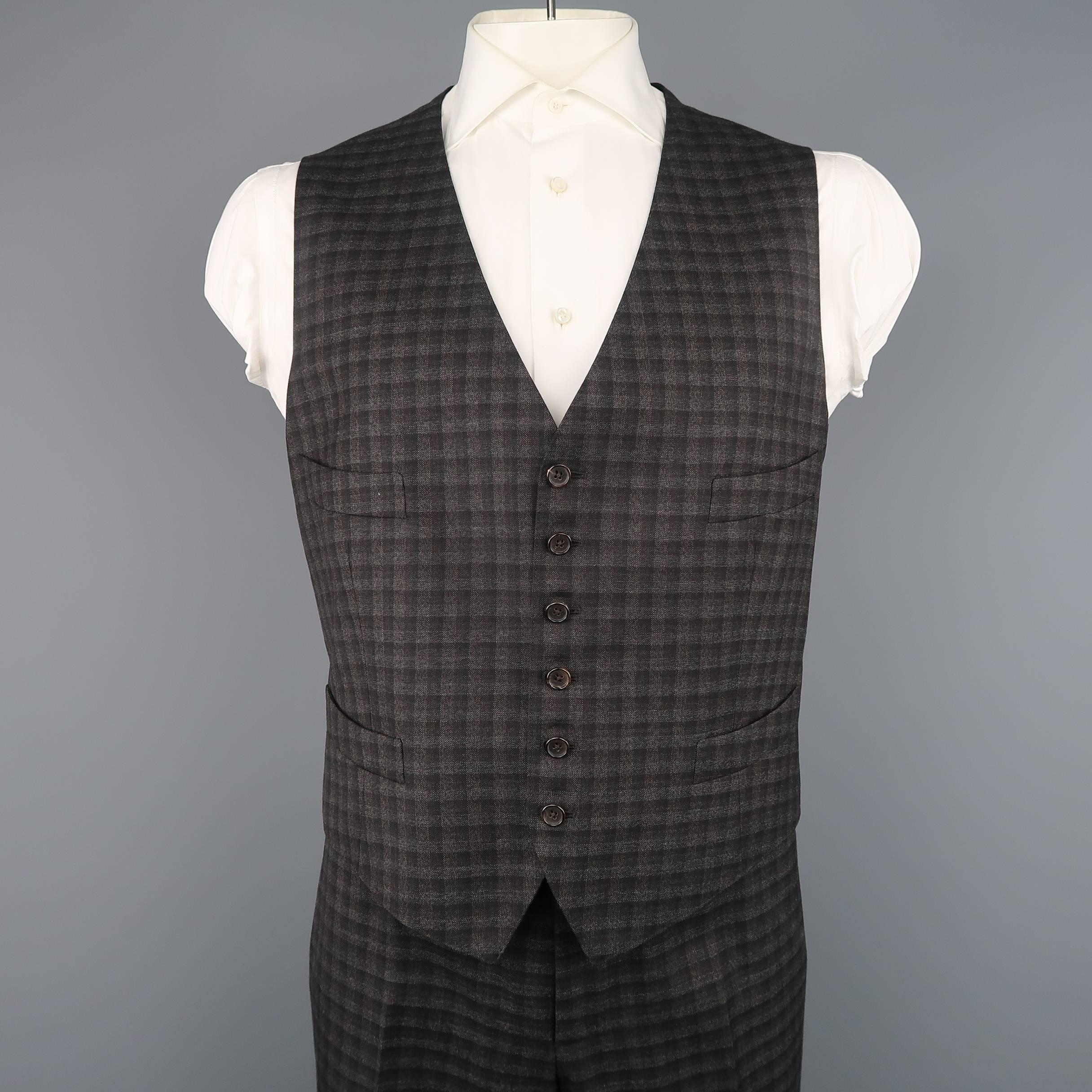 Gray Tom Ford Suit - Men's Grey and Brown Checkered Tartan Wool Three Piece Jacket