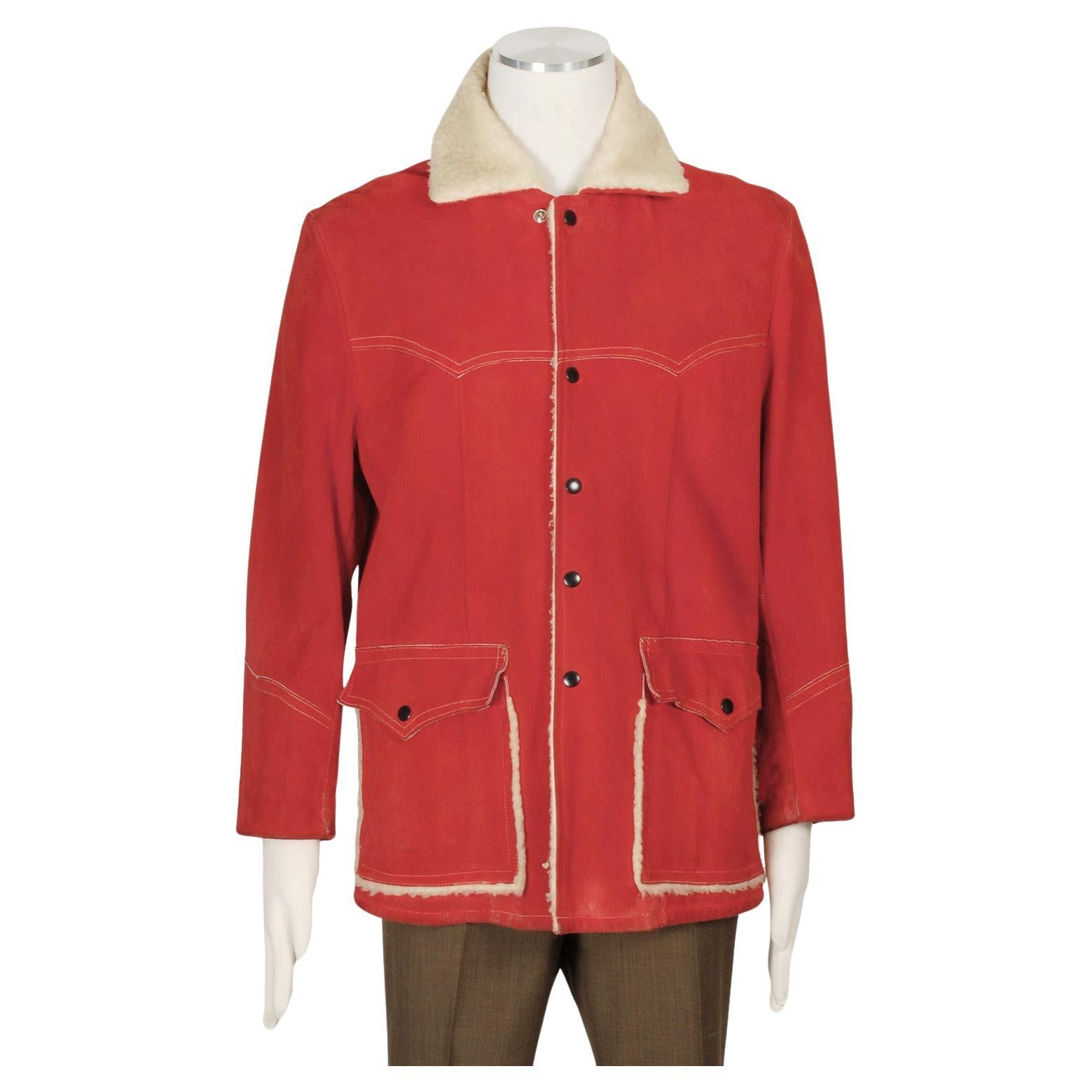 Men's Tomato J Bar C Suede Western Wear Chore Jacket w Fleece Lining – 42, 1960s For Sale