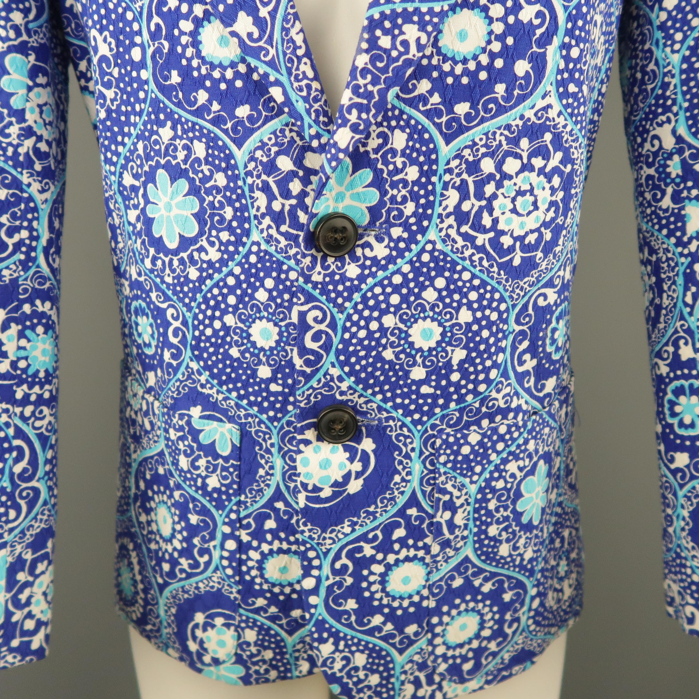 Men's TRINA TURK 38 Blue Floral Print Cotton Notch Lapel Sport Coat In Excellent Condition In San Francisco, CA