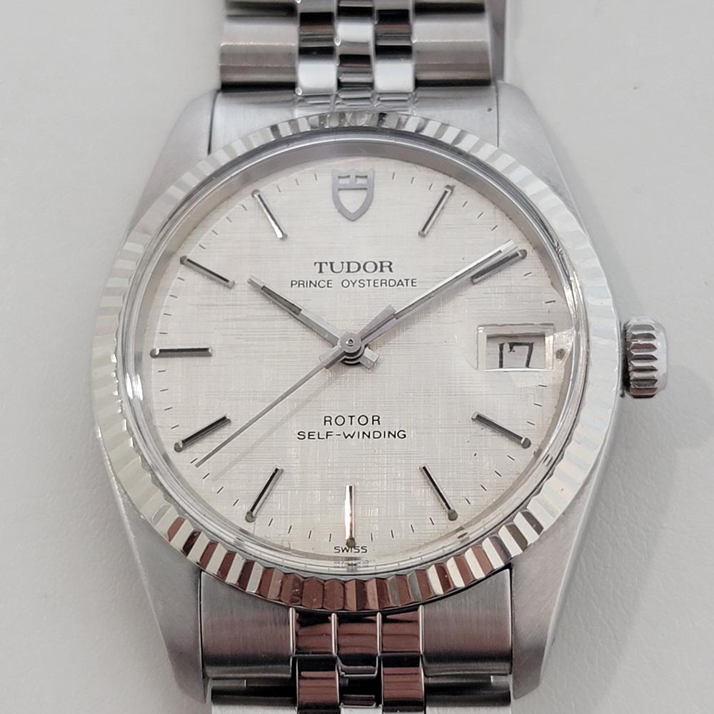 Vintage classic, Men's all-stainless steel Tudor Prince Oysterdate Ref.74000 automatic dress watch, c.1984, all original. Verified authentic by a master watchmaker. Gorgeous Tudor signed silver linen dial, applied index hour markers, silver minute