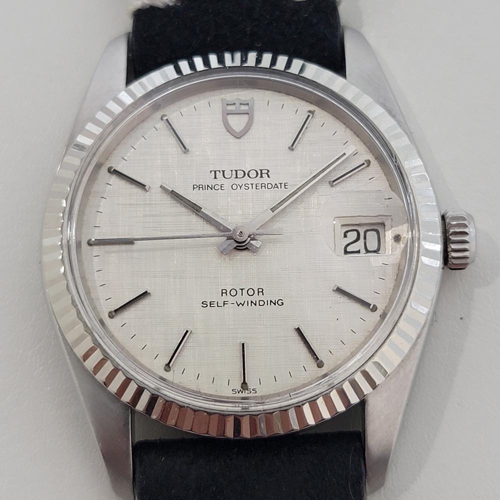 Timeless classic, Men's Tudor Prince Oysterdate Ref.74000 automatic dress watch, c.1984, in excellent working condition Verified authentic by a master watchmaker. Gorgeous Tudor signed silver linen dial, applied index hour markers, silver minute and