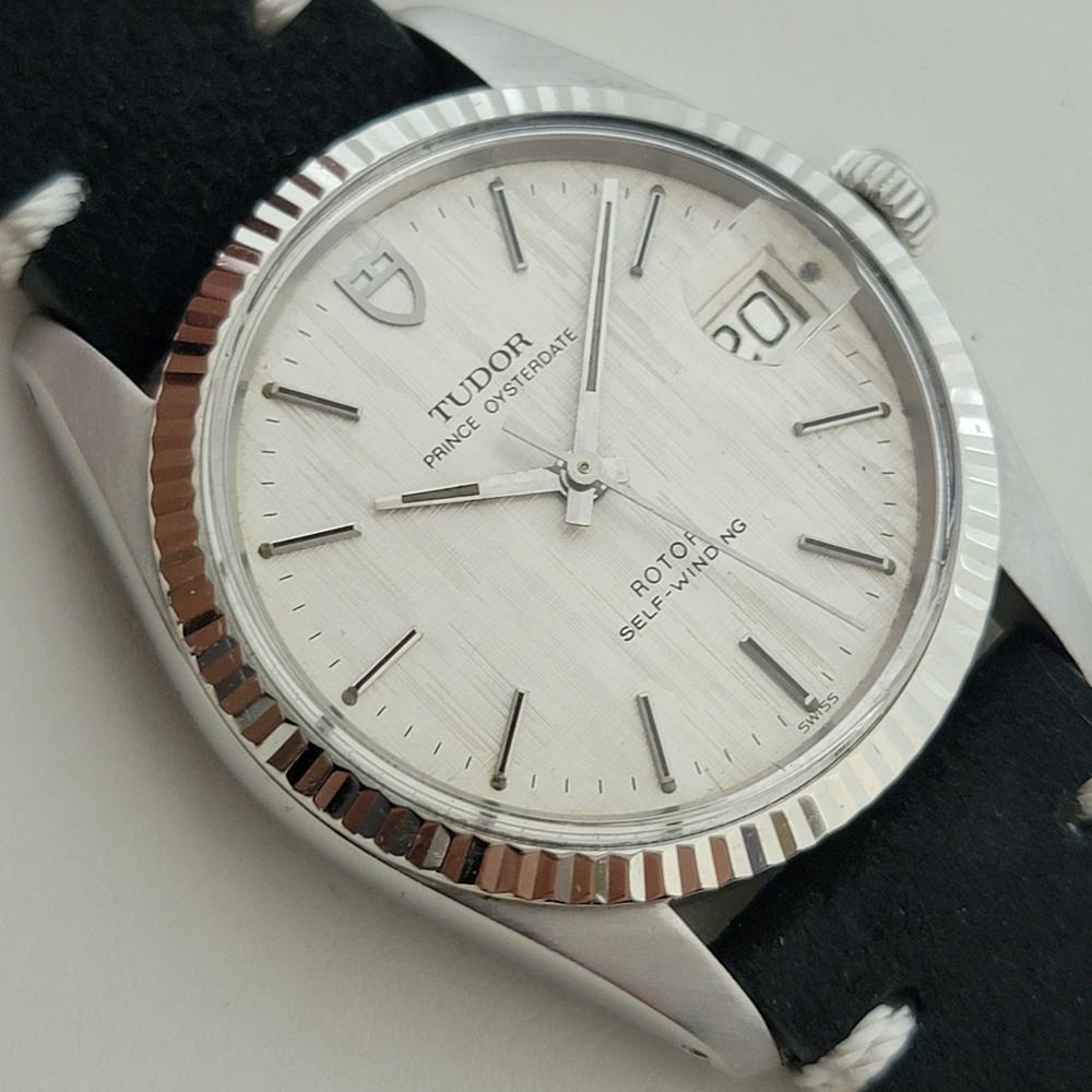 Mens Tudor Prince Oysterdate 74000 35mm Automatic Linen Dial 1980s Swiss RA454B In Excellent Condition In Beverly Hills, CA