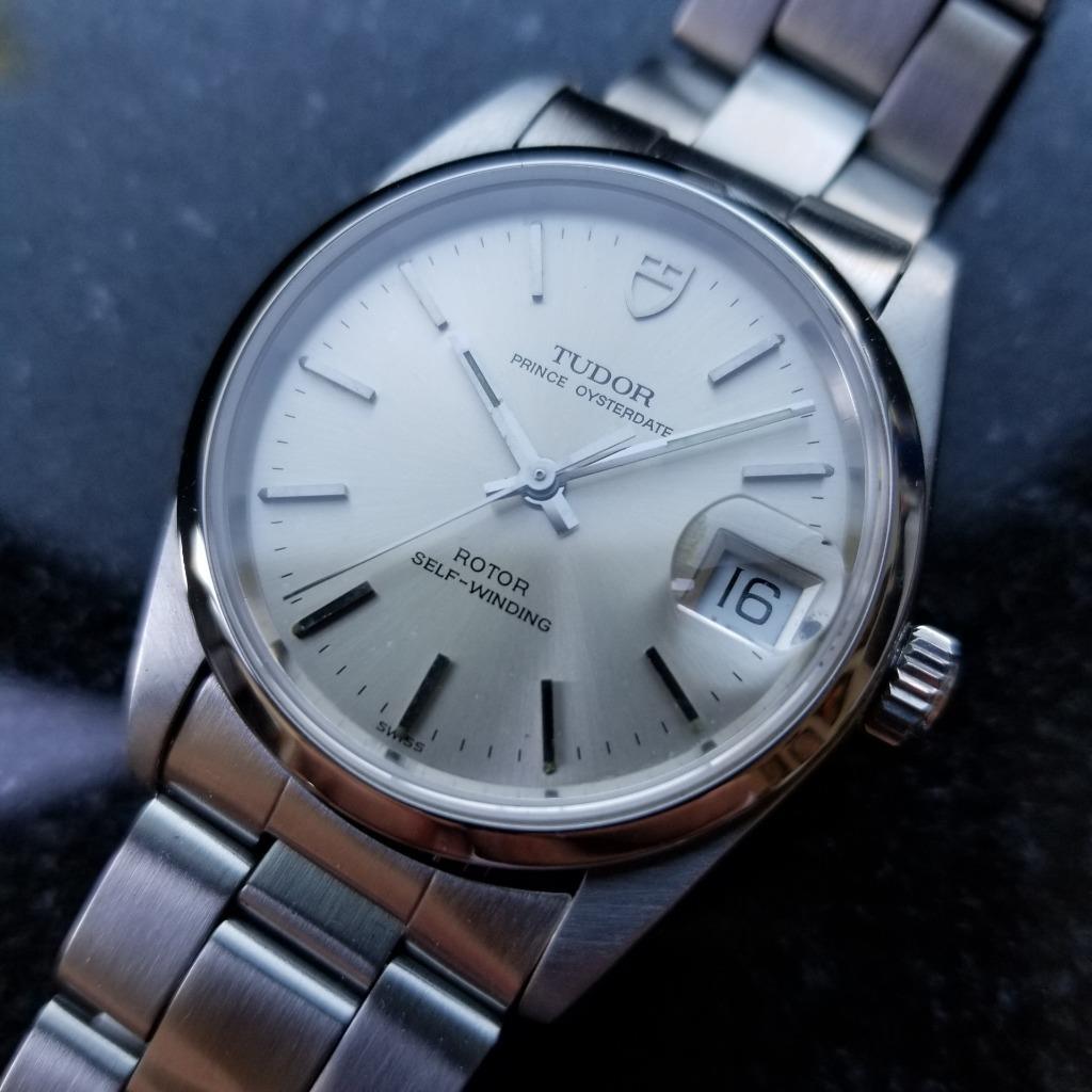Iconic classic, Men's Tudor Prince Oysterdate ref.74000N automatic, c.1992, with box and paper. Verified authentic by a master watchmaker. Original, unrefurbished Tudor signed silver dial, applied silver indice hour markers, silver minute and hour