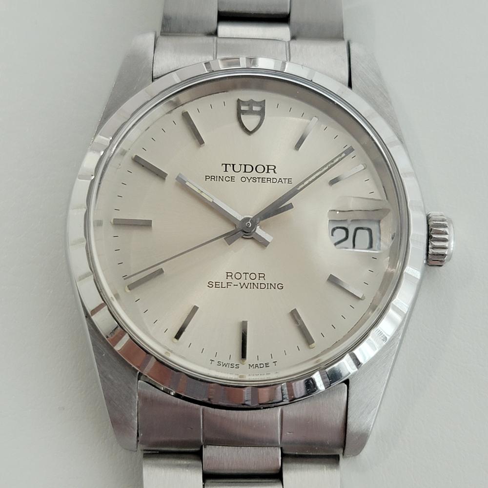 Classic luxury, Men's all-stainless steel Tudor Prince Oysterdate Ref.74020 automatic dress watch, c.1994, all original, with original Tudor box. Verified authentic by a master watchmaker. Gorgeous Tudor signed silver dial, applied indice hour