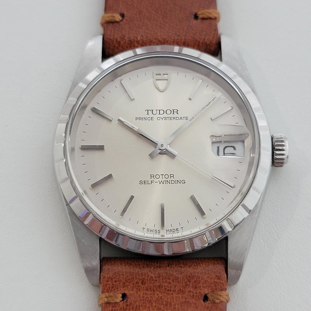 Classic luxury, Men's Tudor Prince Oysterdate Ref.74020 automatic dress watch, c.1994, with original Tudor box. Verified authentic by a master watchmaker. Gorgeous Tudor signed silver dial, applied indice hour markers, lumed silver minute and hour