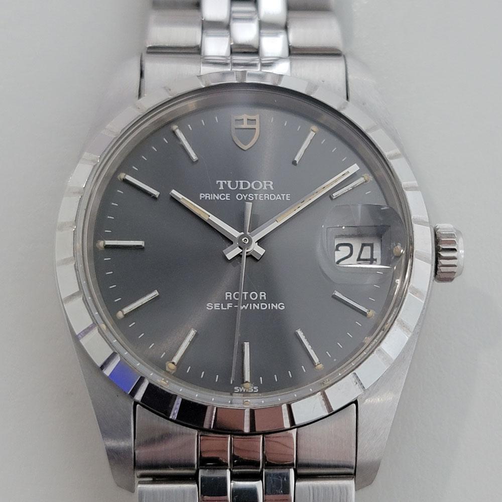 Timeless classic, Men's all-stainless steel Tudor Prince Oysterdate Ref.75000 automatic dress watch, c.1984, all original, with original paper from Rolex. Verified authentic by a master watchmaker. Gorgeous Tudor signed gun metal grey dial, applied