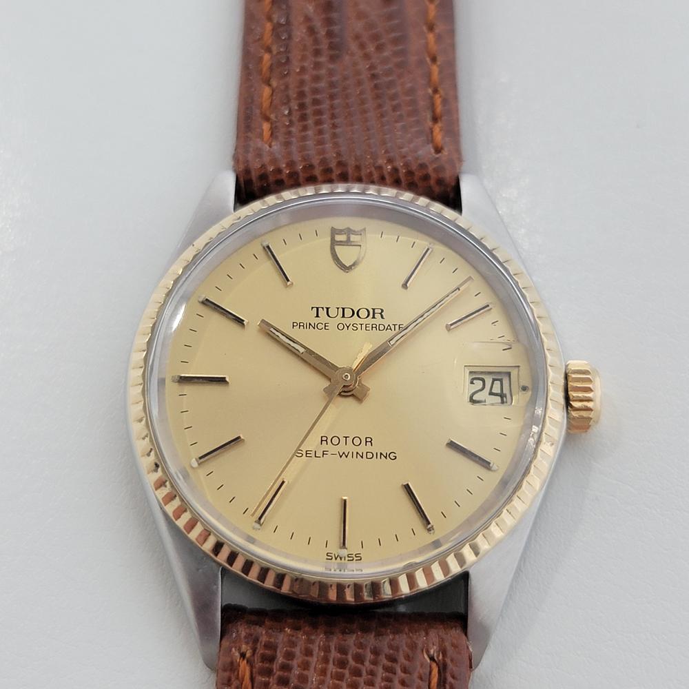 Elegant classic, Men's Tudor 14k gold and stainless steel Prince Oysterdate automatic dress watch, c.1980s. Verified authentic by a master watchmaker. Gorgeous Tudor signed gold dial, applied indice hour markers, gilt minute and hour hands, sweeping