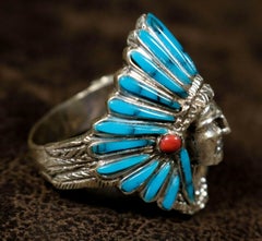 Men’s Turquoise North American Navajo Indian Chief Sterling Silver Ring