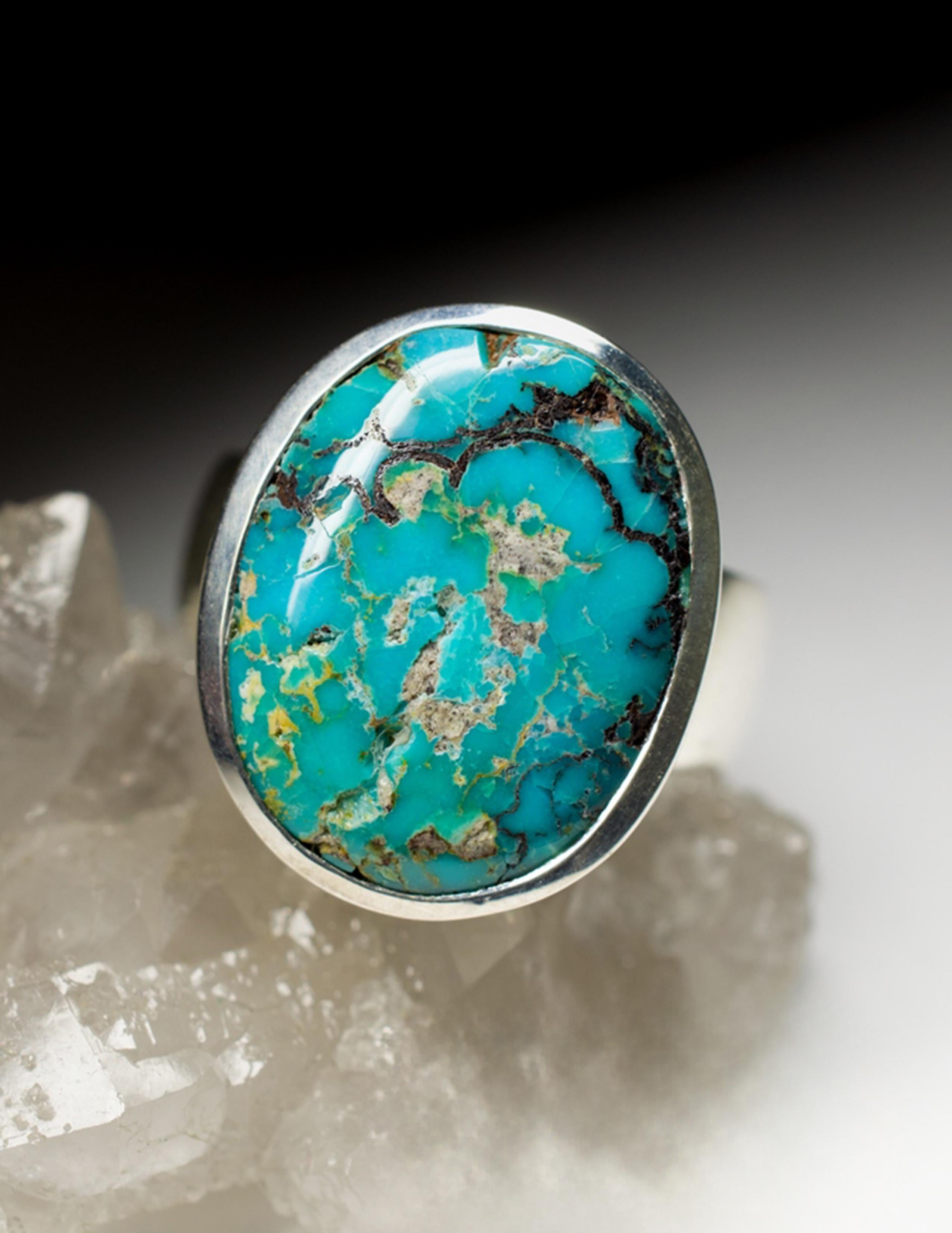 Herren Türkis Silber Ring Blau Grün Oval Cabochon Edelstein Unisex-Schmuck 7