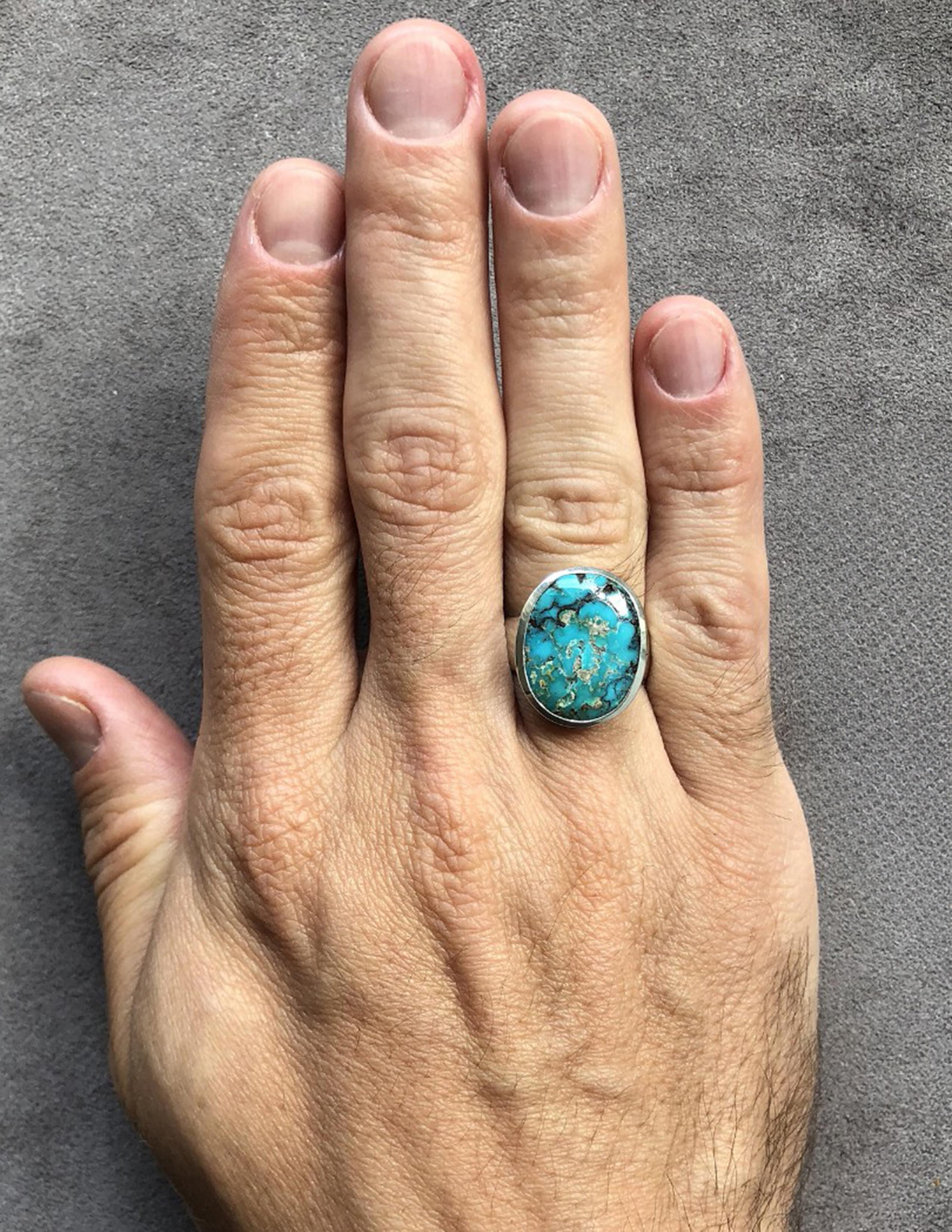 Herren Türkis Silber Ring Blau Grün Oval Cabochon Edelstein Unisex-Schmuck (Kunsthandwerker*in)