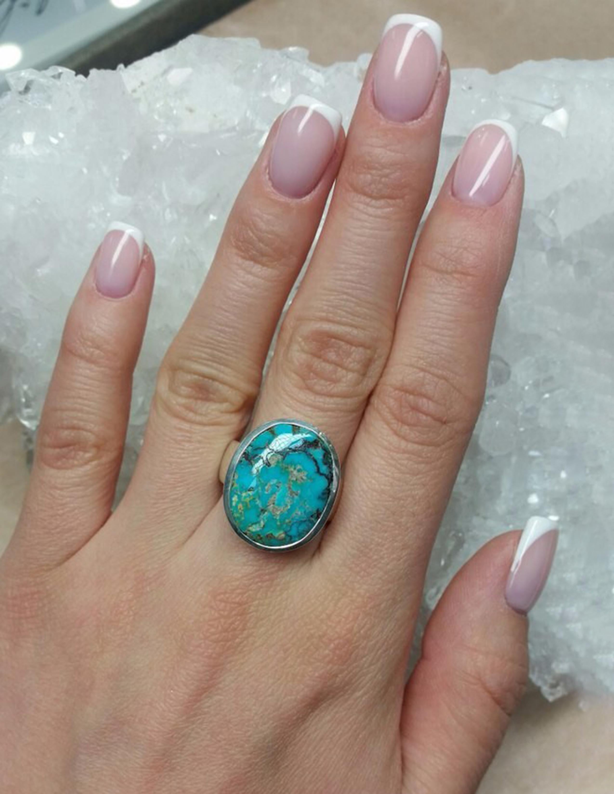 Herren Türkis Silber Ring Blau Grün Oval Cabochon Edelstein Unisex-Schmuck im Zustand „Neu“ in Berlin, DE