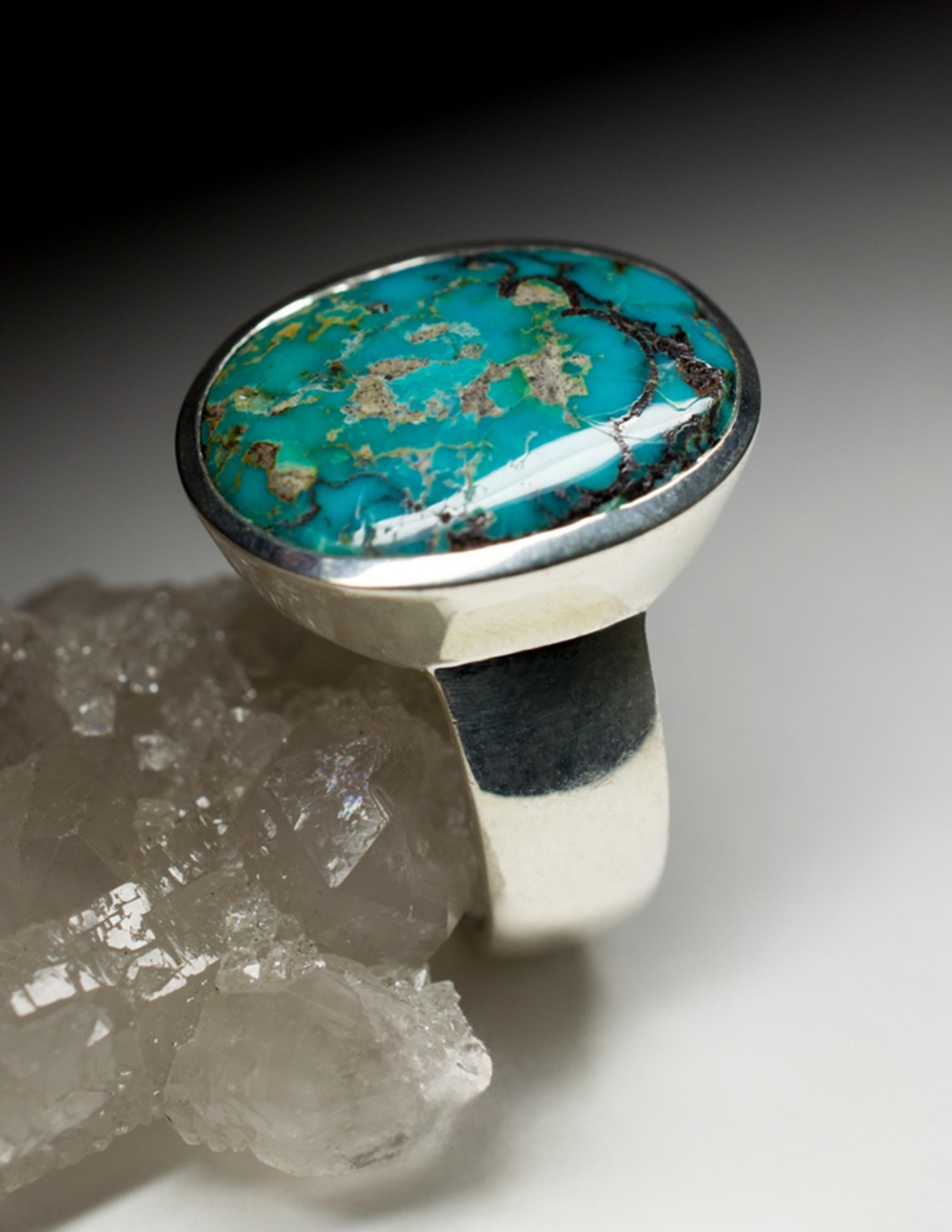 Herren Türkis Silber Ring Blau Grün Oval Cabochon Edelstein Unisex-Schmuck 2