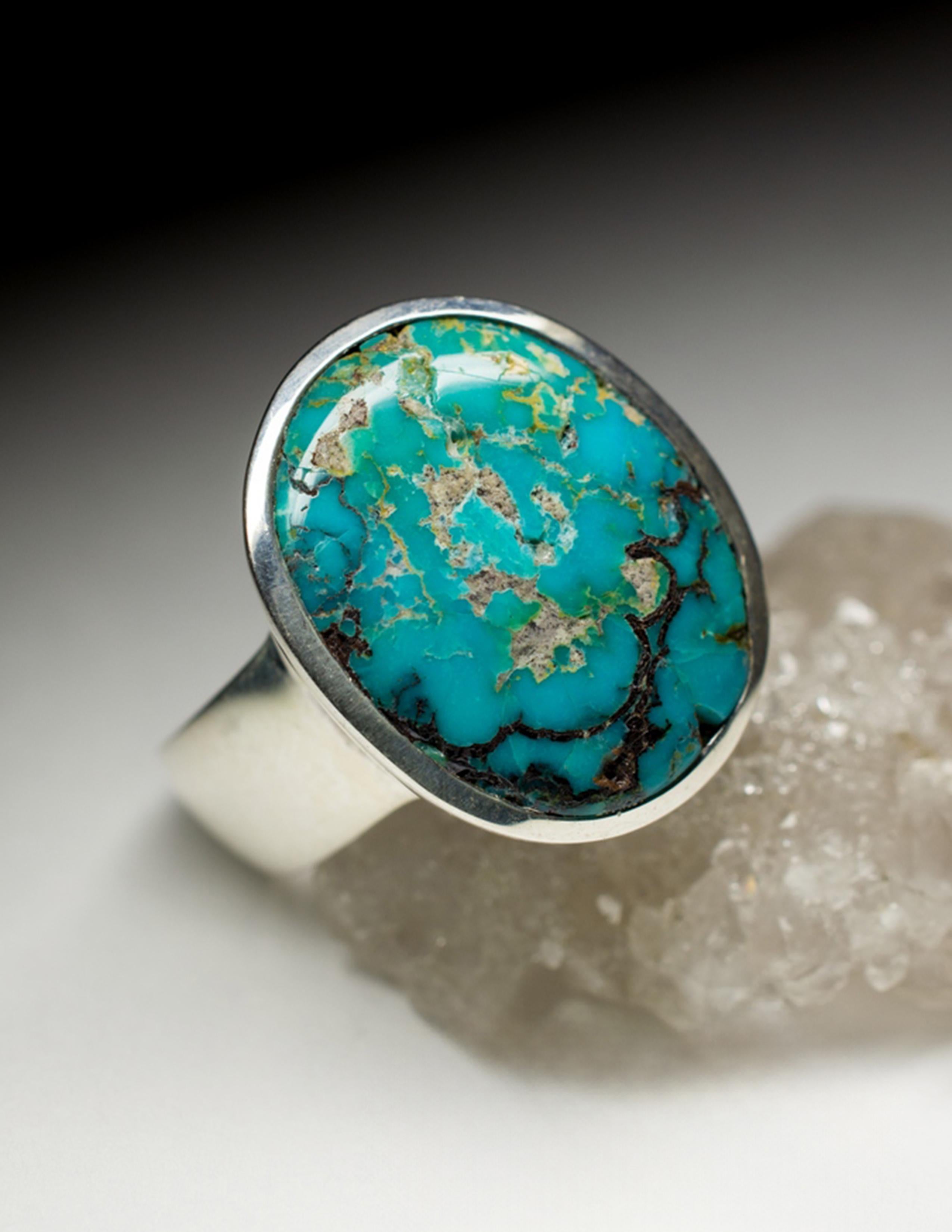 Herren Türkis Silber Ring Blau Grün Oval Cabochon Edelstein Unisex-Schmuck 4