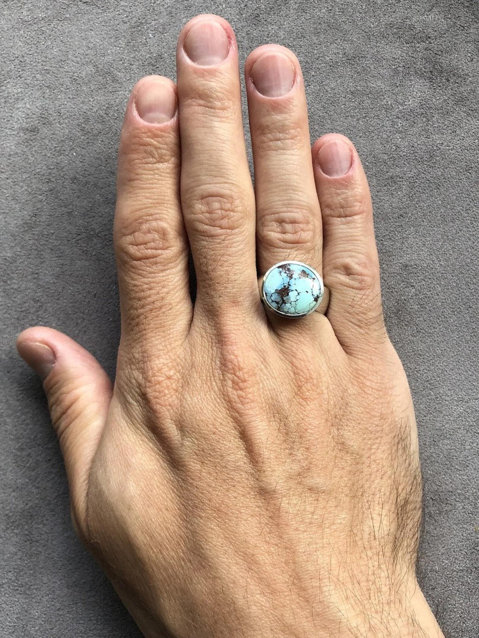 Artisan Men's Turquoise Silver Ring Cabochon Clear Sky Blue spiritual teacher gift idea For Sale