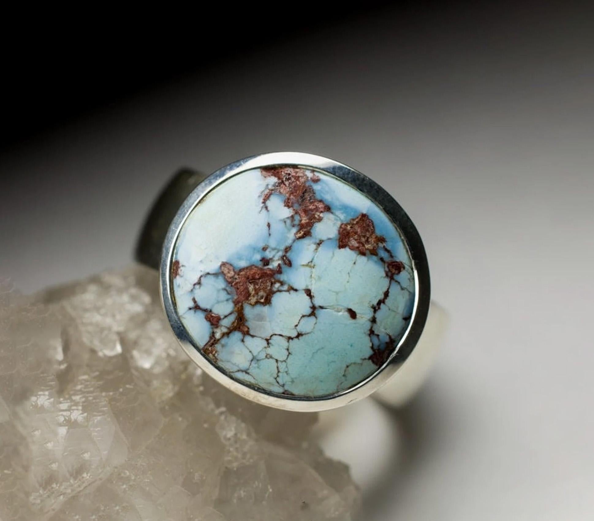 Round Cut Men's Turquoise Silver Ring Cabochon Clear Sky Blue spiritual teacher gift idea For Sale