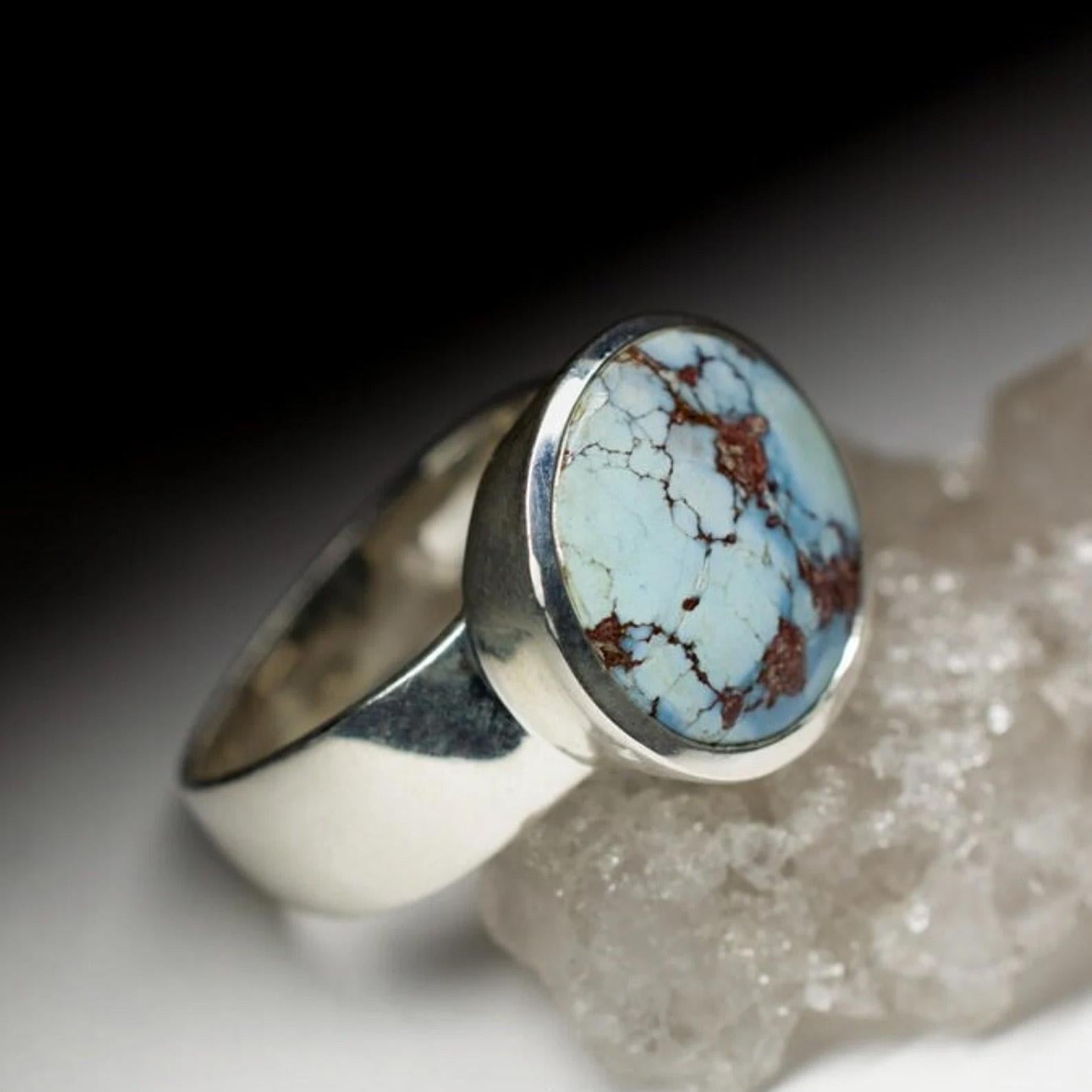 Women's or Men's Men's Turquoise Silver Ring Cabochon Clear Sky Blue spiritual teacher gift idea For Sale