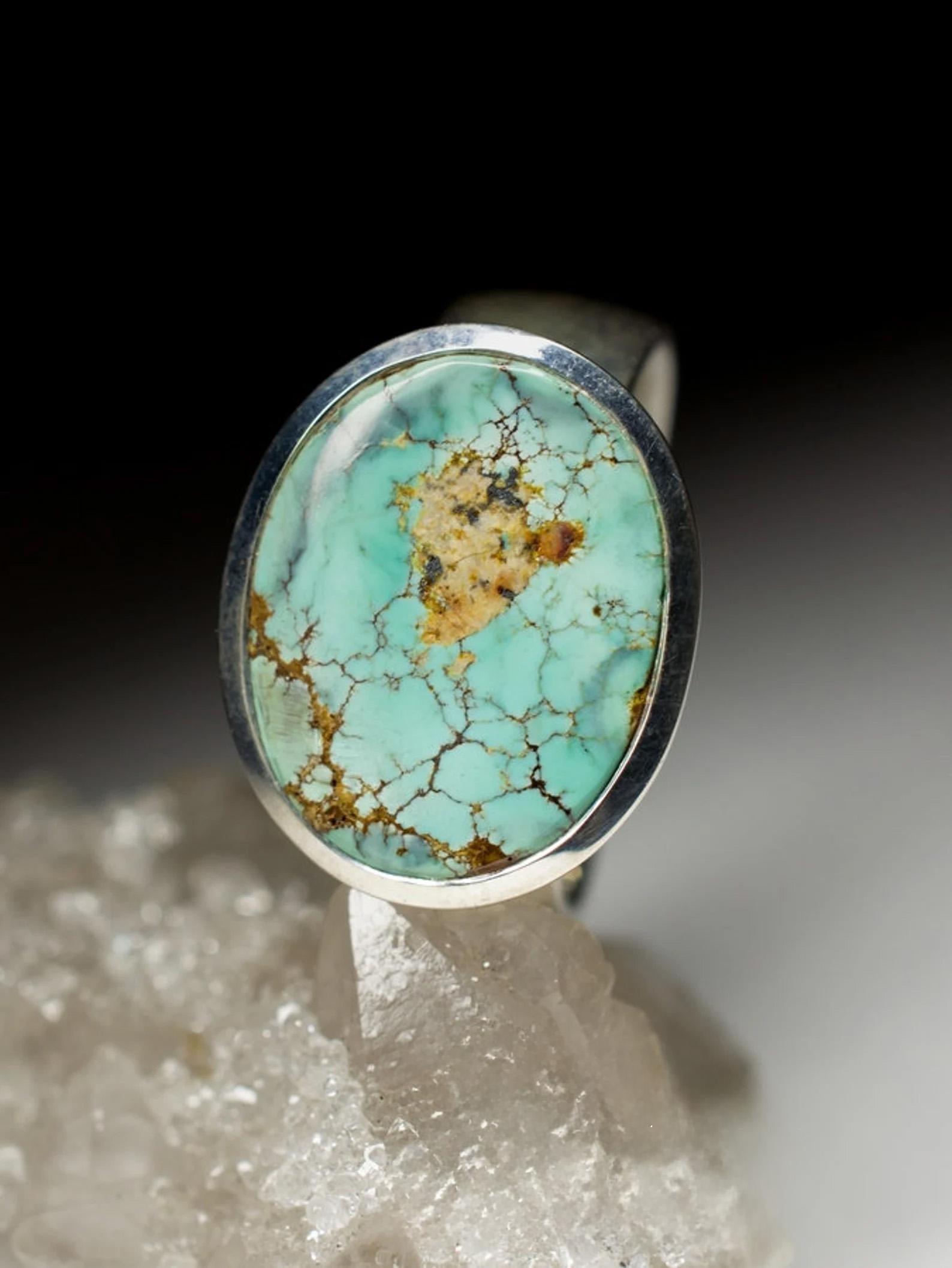 Artigiano Anello maschile in argento di turchese verde ciano verde acqua marina Regalo per lui Gemma ovale in vendita