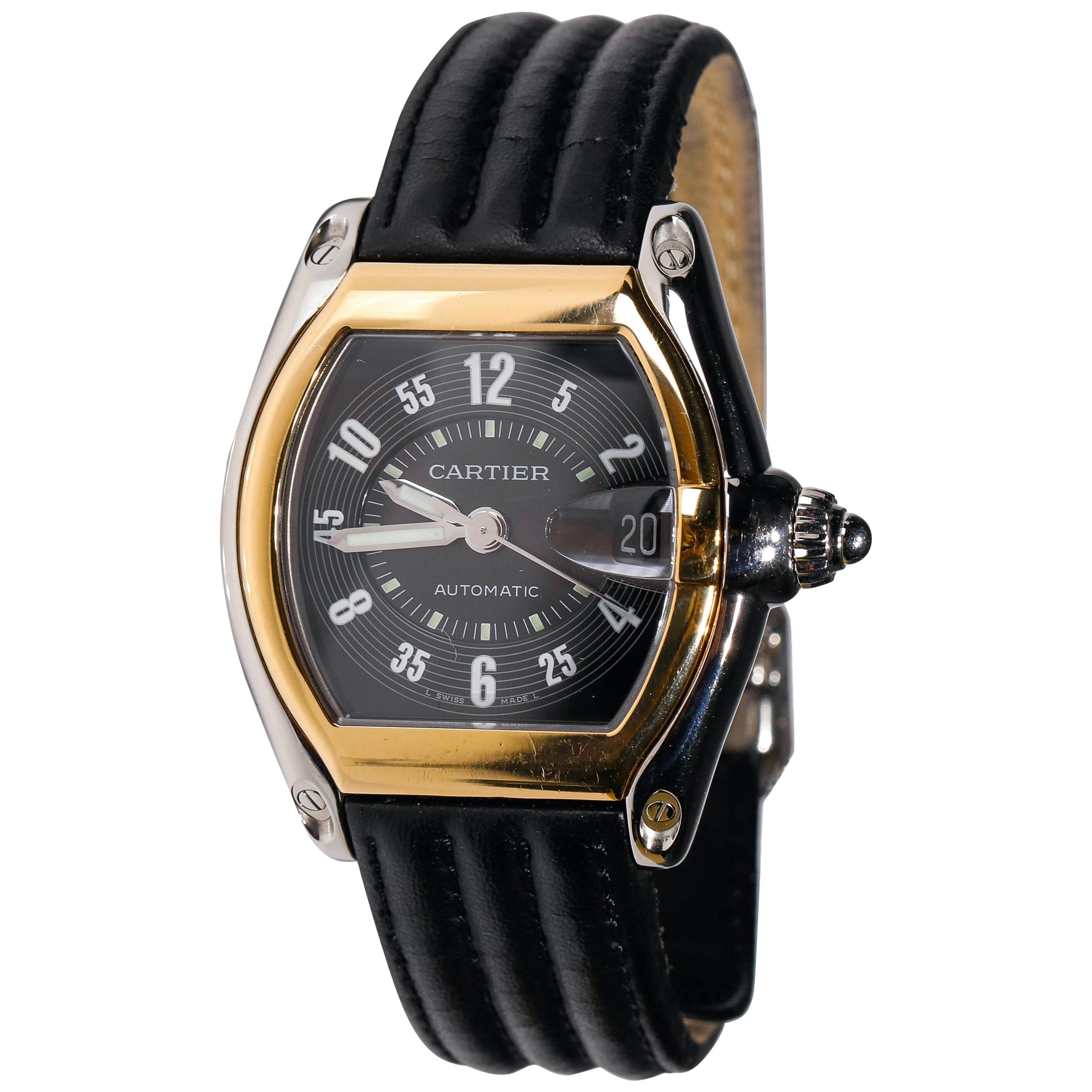 Men's Two-Tone Cartier Roadster XL Automatic Dial Black Adjustable Wristwatch