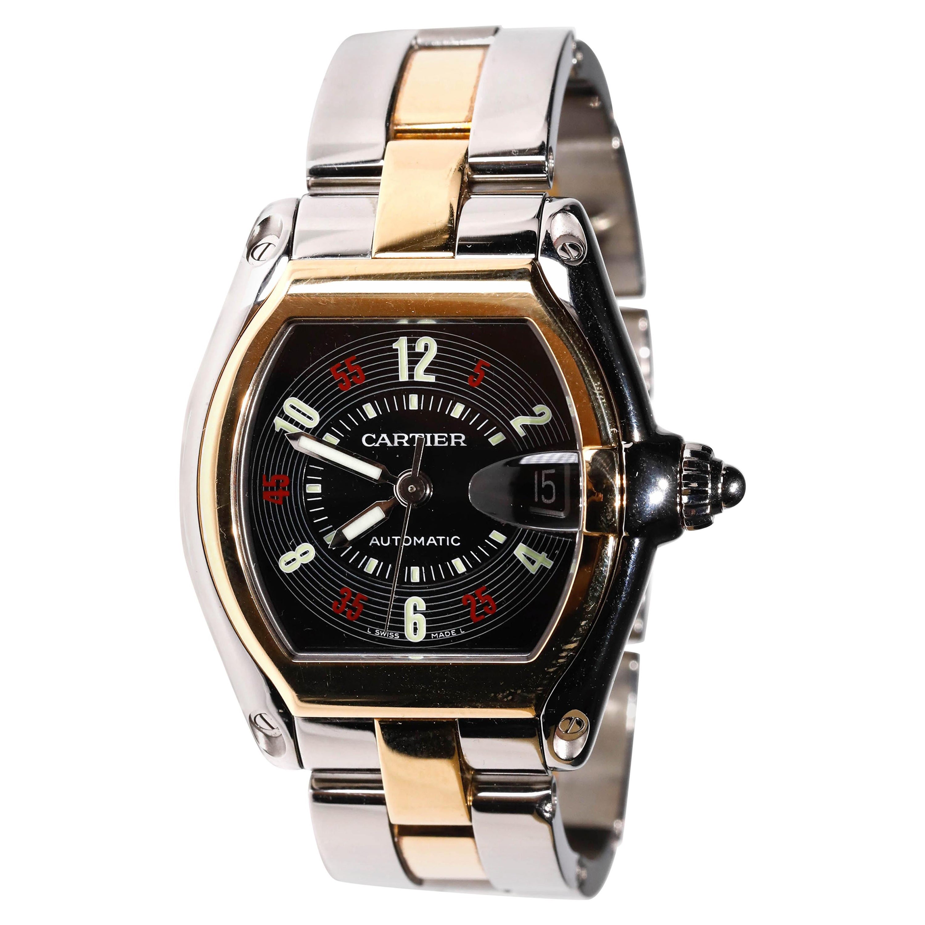 Men's Two-Tone Cartier Roadster XL Black Luminescent Dial Automatic Wristwatch For Sale