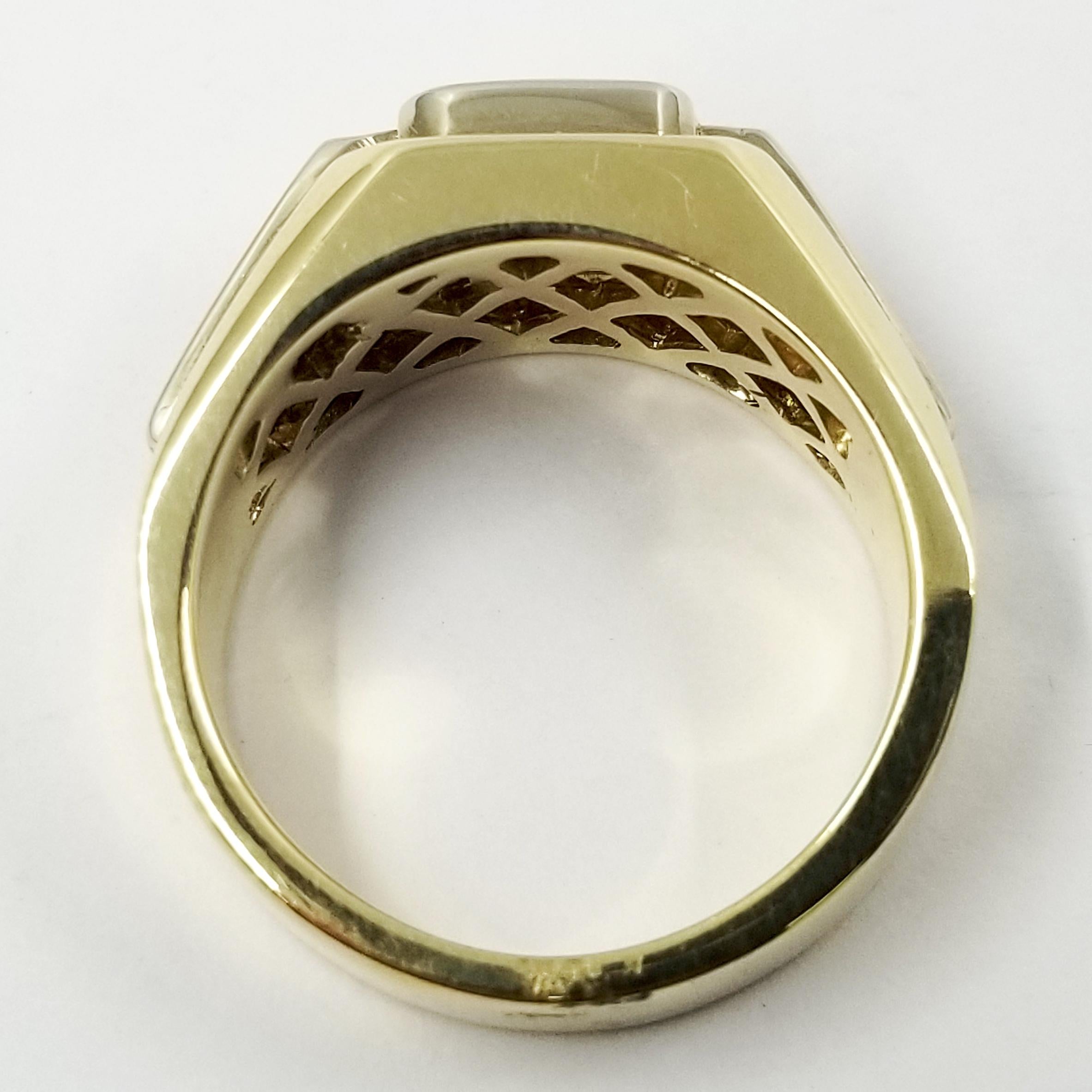 14 Karat Yellow and White Gold Men's Ring Featuring A 0.50 Carat Round Brilliant Cut Diamond Graded As SI Clarity & J Color. Finished Weight Is 21.2 Grams. Current Finger Size 11; Purchase Includes Free Sizing.