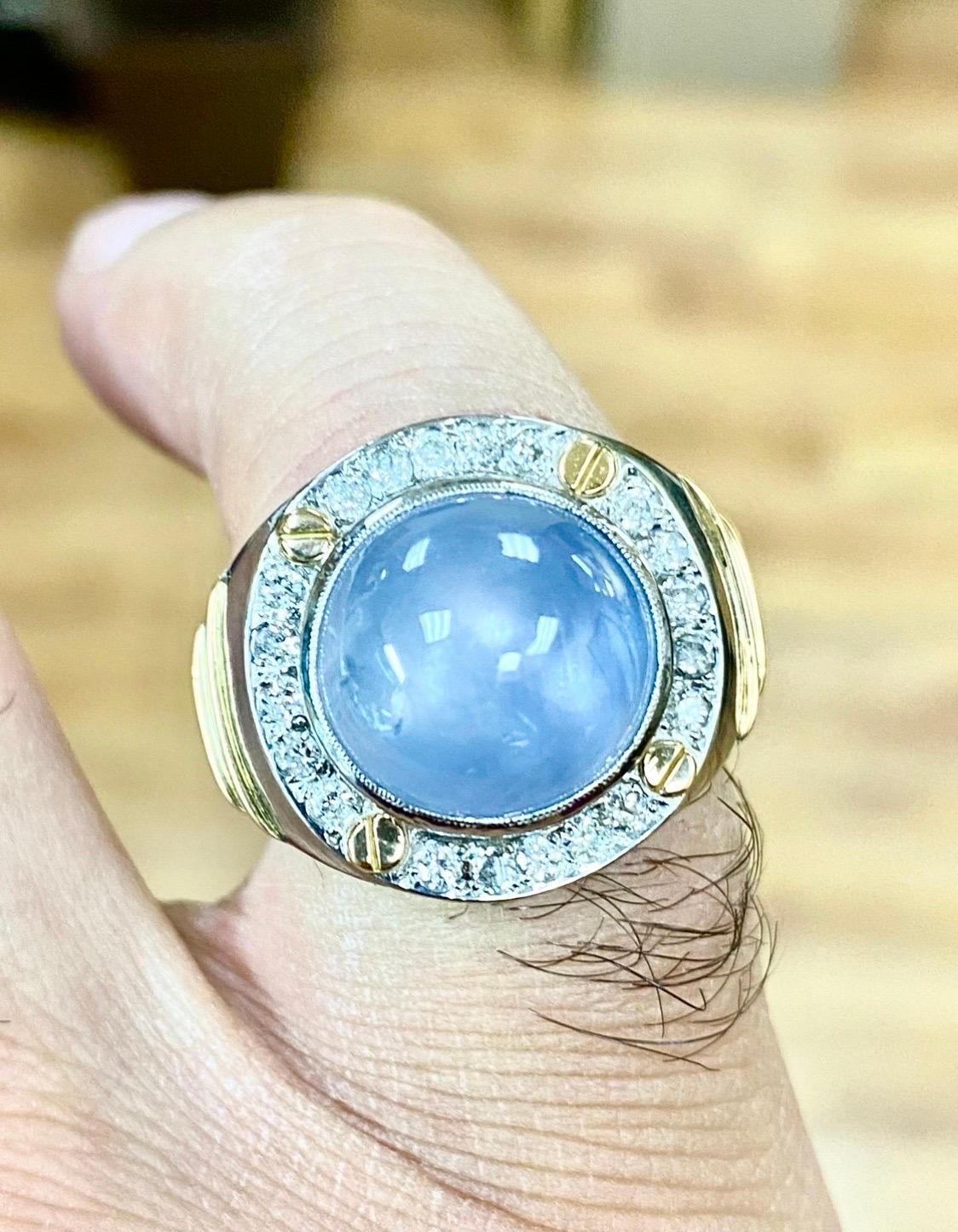 Men's Two Tone Platinum Diamond 18.80 Carat Star Blue Sapphire Ring For Sale 5