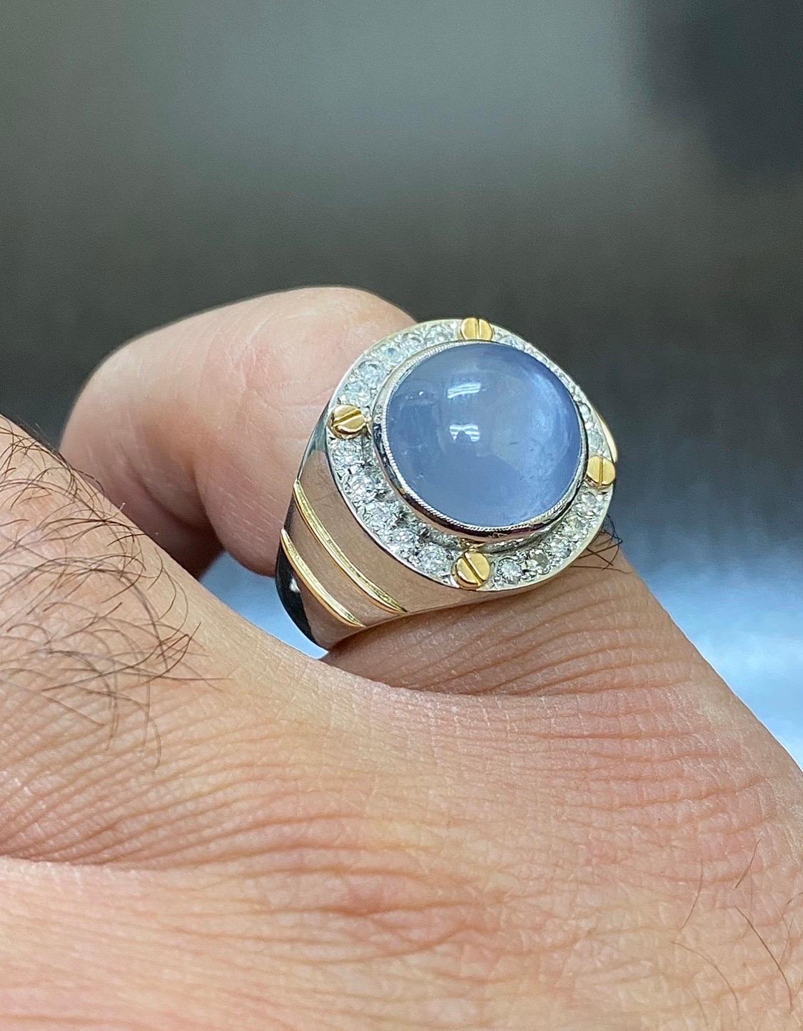 Men's Two Tone Platinum Diamond 18.80 Carat Star Blue Sapphire Ring For Sale 7