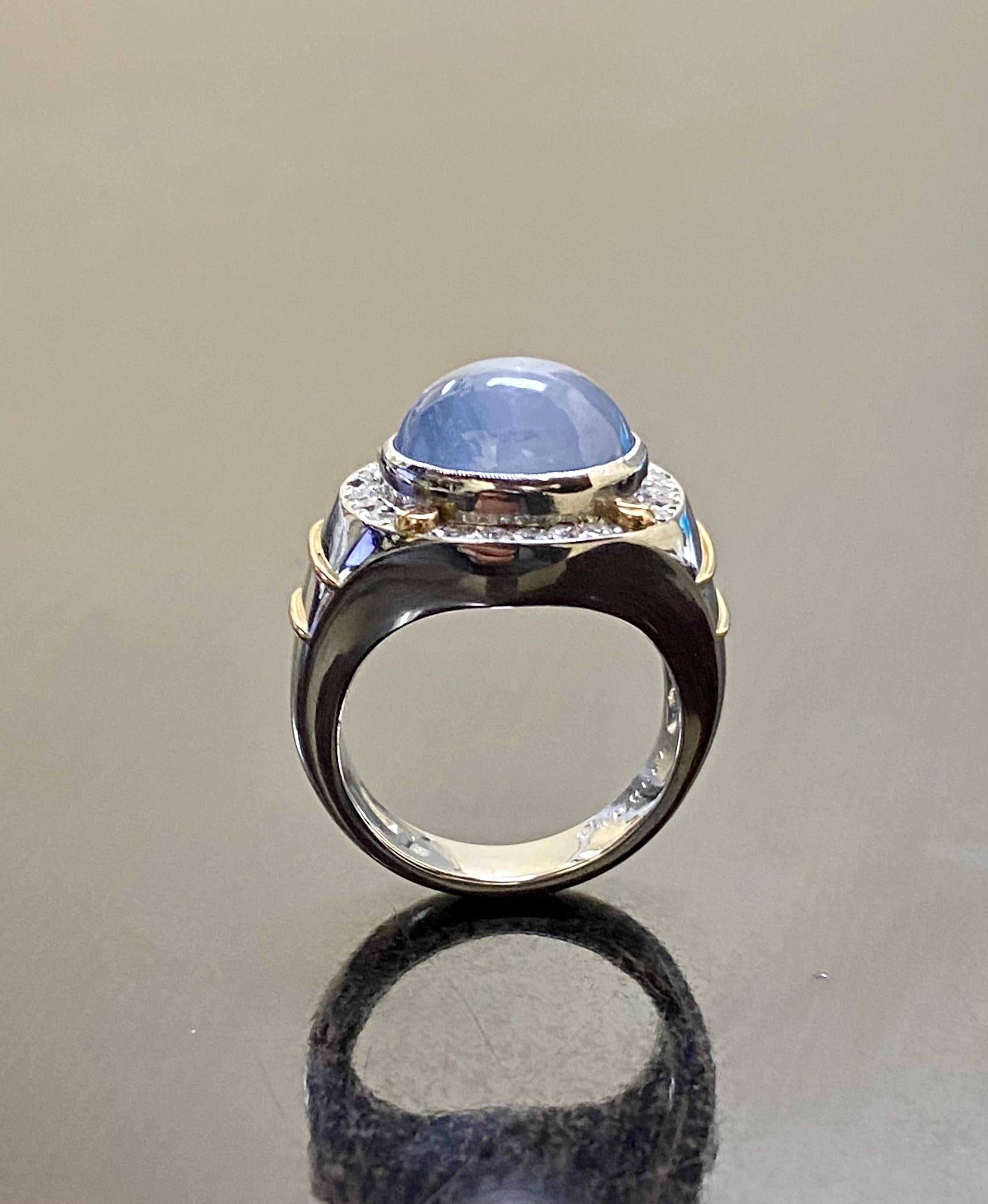 Cabochon Men's Two Tone Platinum Diamond 18.80 Carat Star Blue Sapphire Ring For Sale
