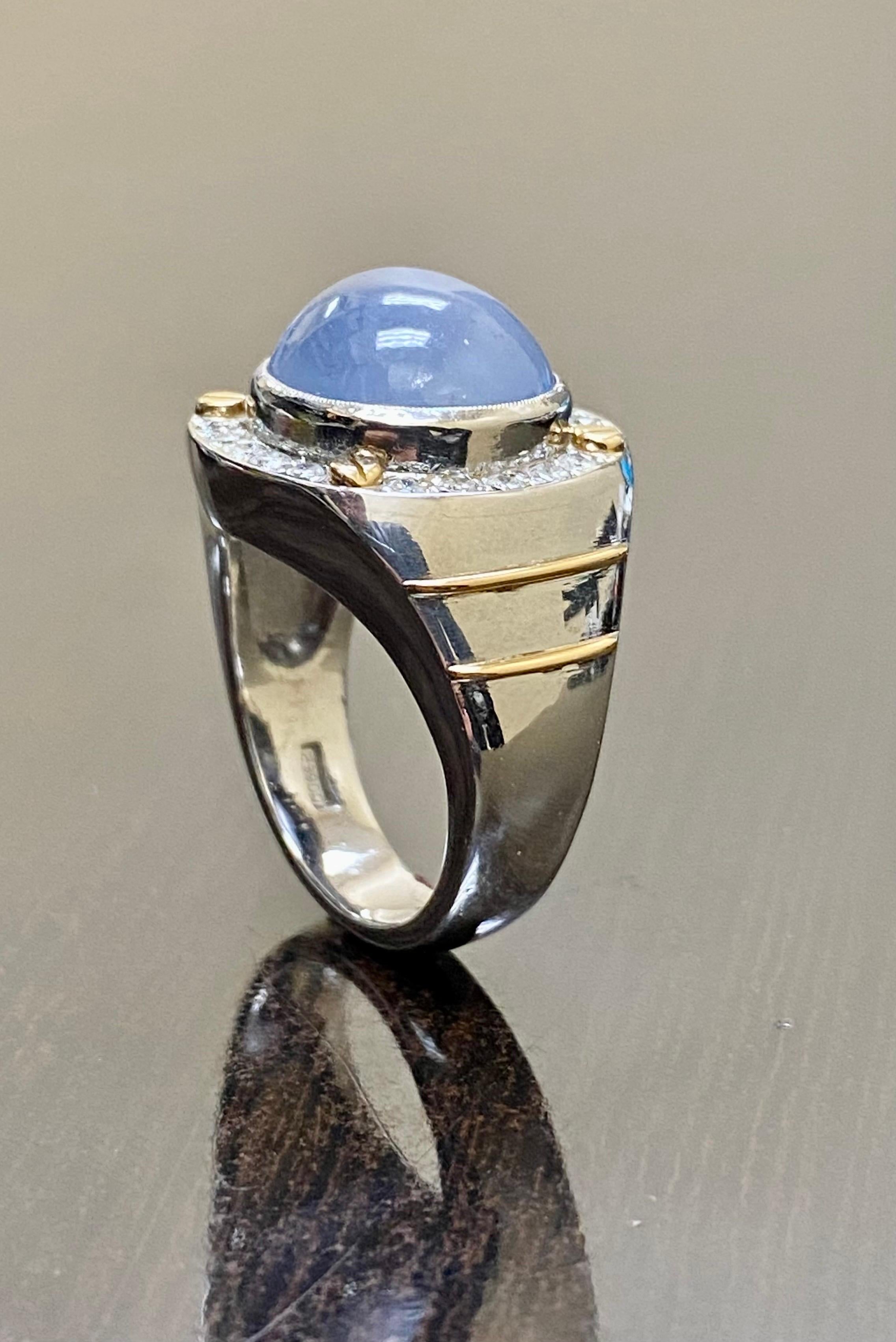 Men's Two Tone Platinum Diamond 18.80 Carat Star Blue Sapphire Ring In New Condition For Sale In Los Angeles, CA