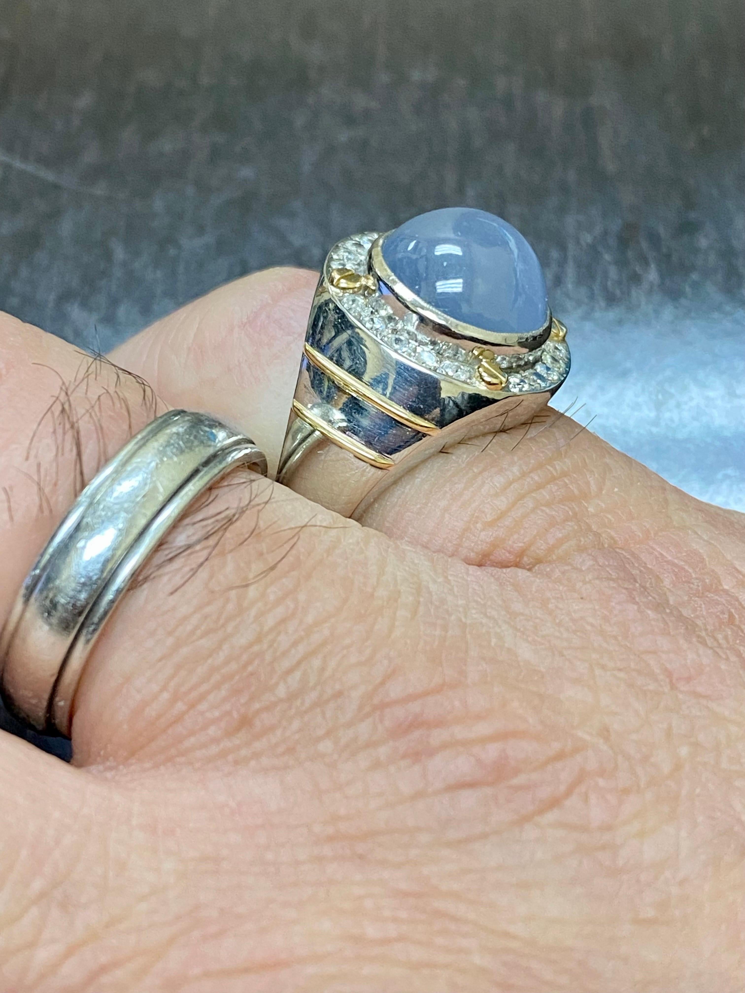 Men's Two Tone Platinum Diamond 18.80 Carat Star Blue Sapphire Ring For Sale 2