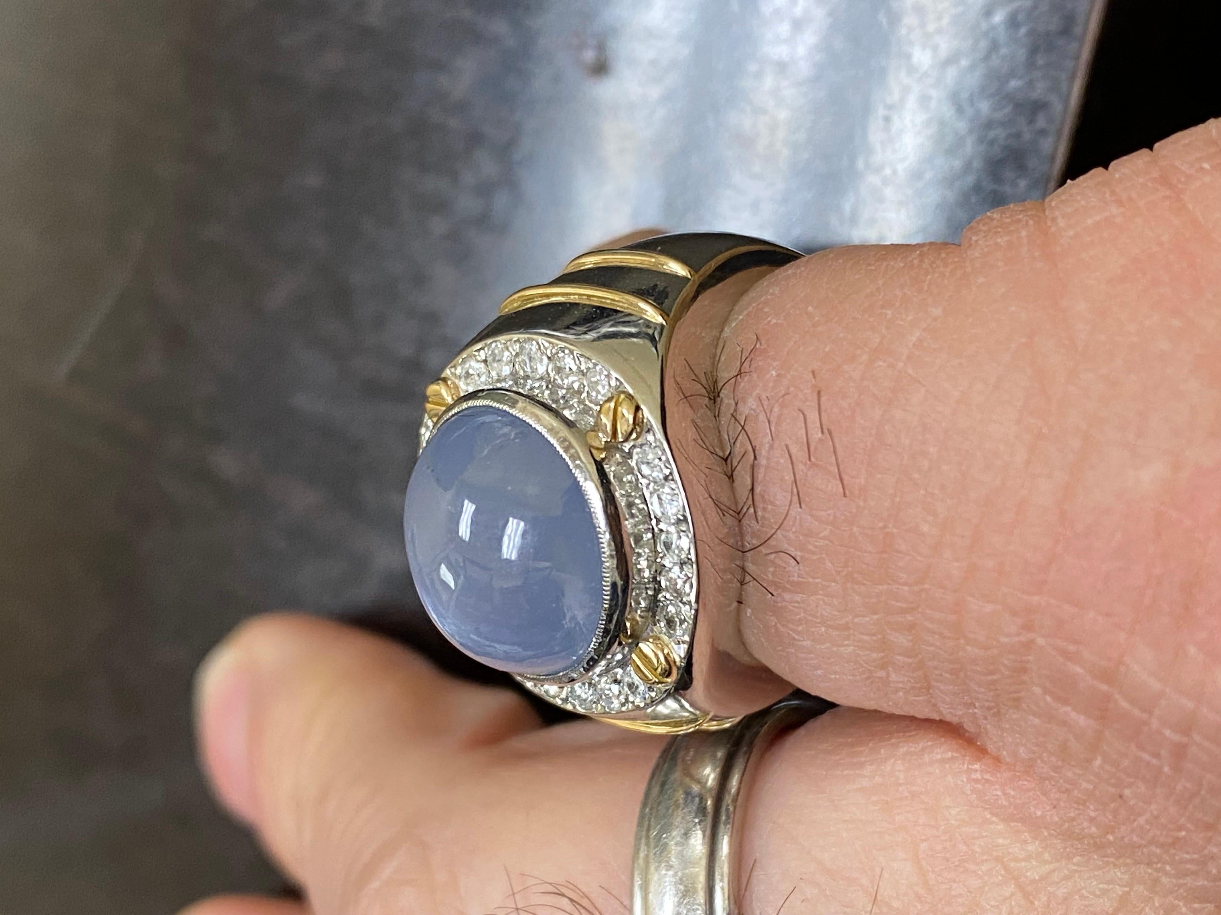 Men's Two Tone Platinum Diamond 18.80 Carat Star Blue Sapphire Ring For Sale 3