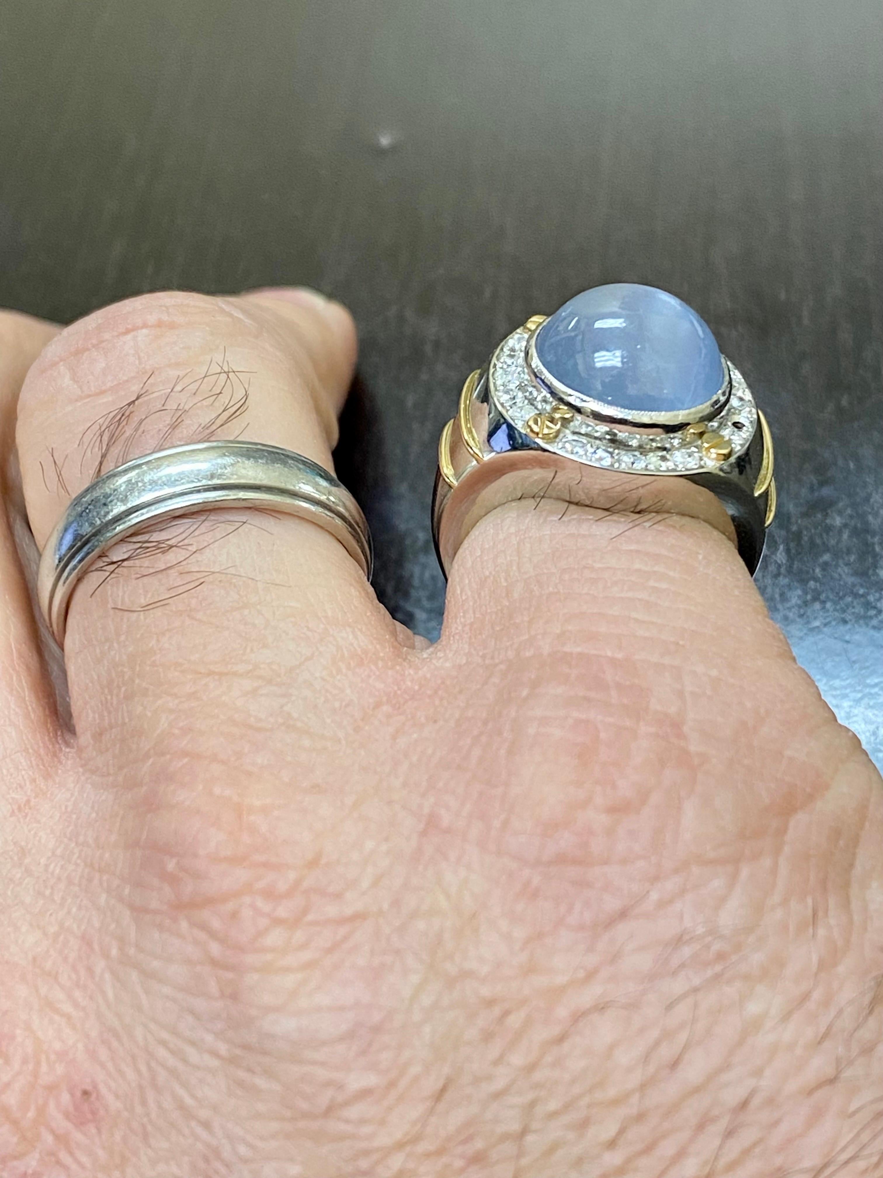 Men's Two Tone Platinum Diamond 18.80 Carat Star Blue Sapphire Ring For Sale 4