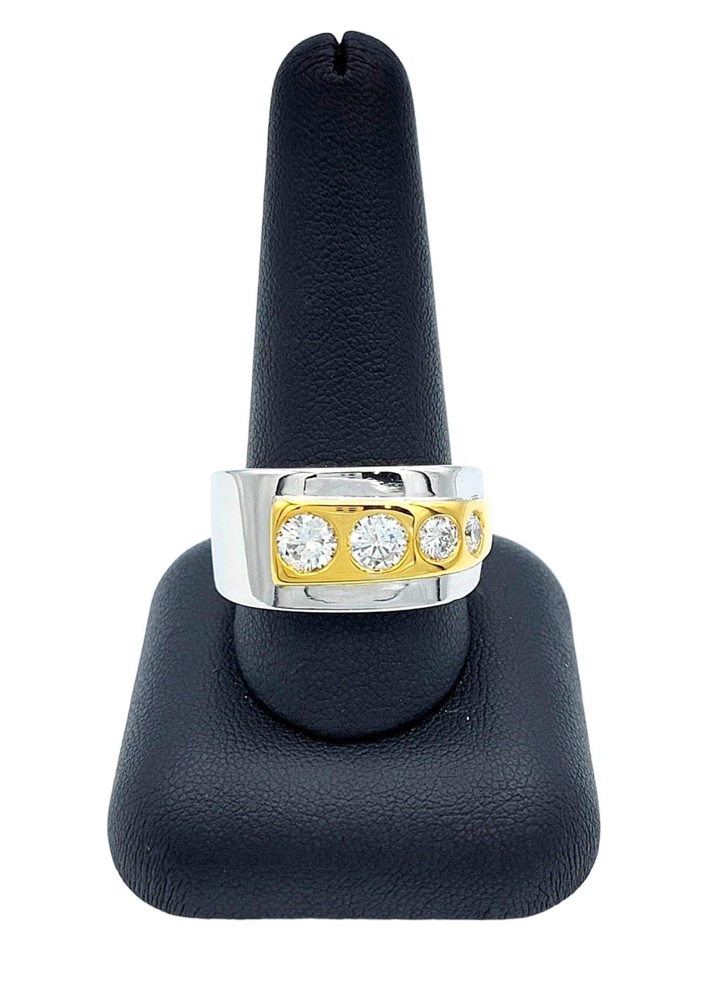 Mens Two-Tone Polished 18 Karat Gold Band Ring with Four Graduated Diamonds For Sale 5