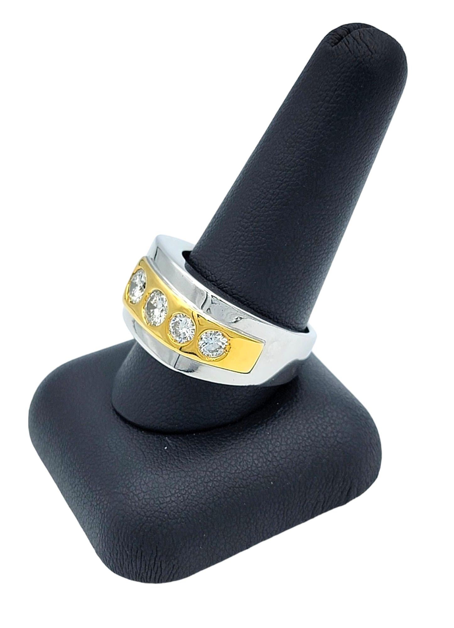 Mens Two-Tone Polished 18 Karat Gold Band Ring with Four Graduated Diamonds For Sale 6