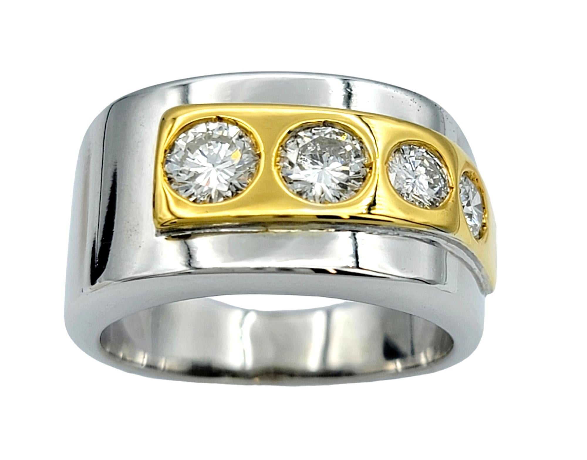 Ring size: 11.25

Introducing this handsome men's two-tone gold band ring, a harmonious blend of contemporary design and timeless sophistication. This distinctive ring is expertly crafted from high-quality gold, featuring an asymmetrical design that