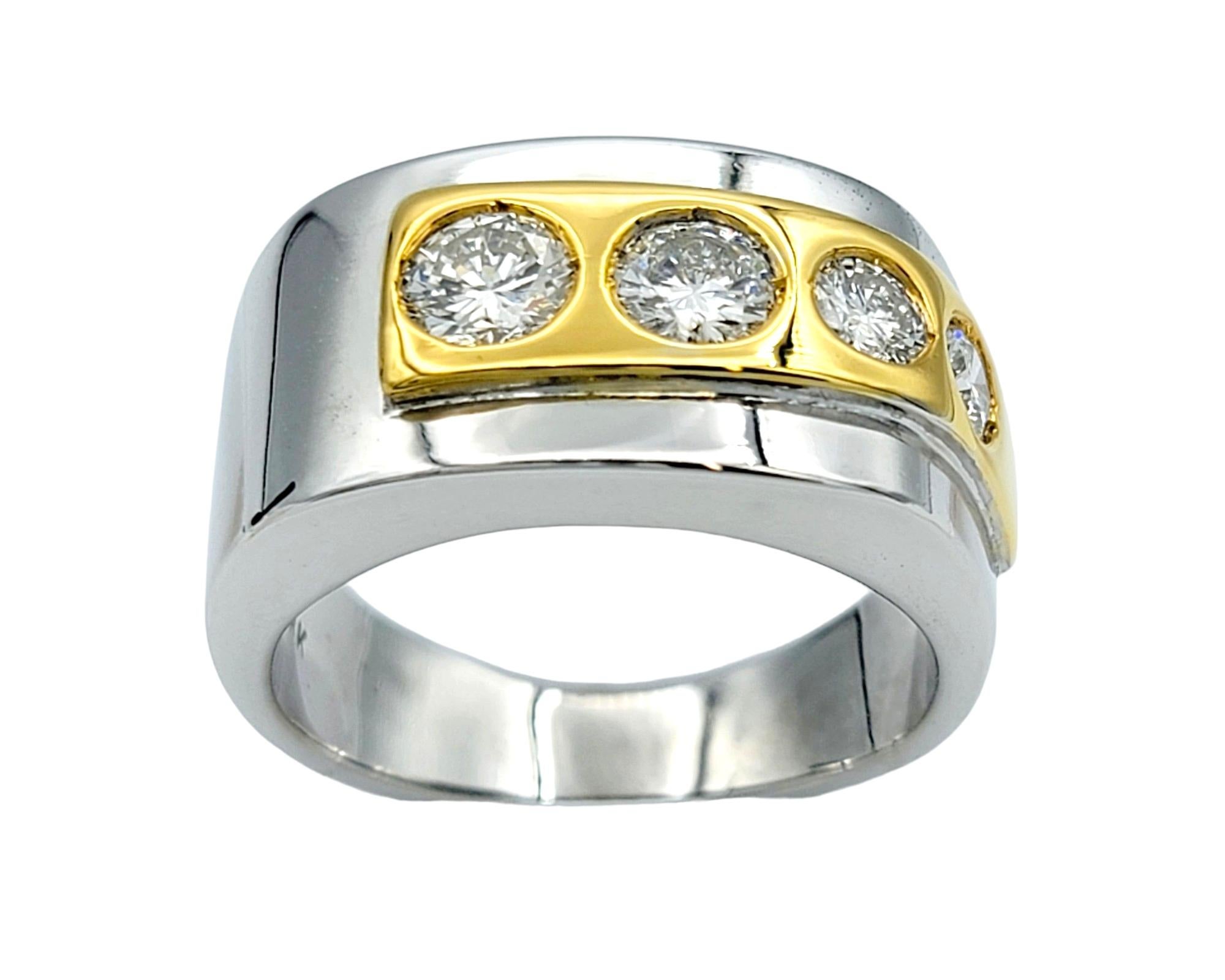 Contemporary Mens Two-Tone Polished 18 Karat Gold Band Ring with Four Graduated Diamonds For Sale