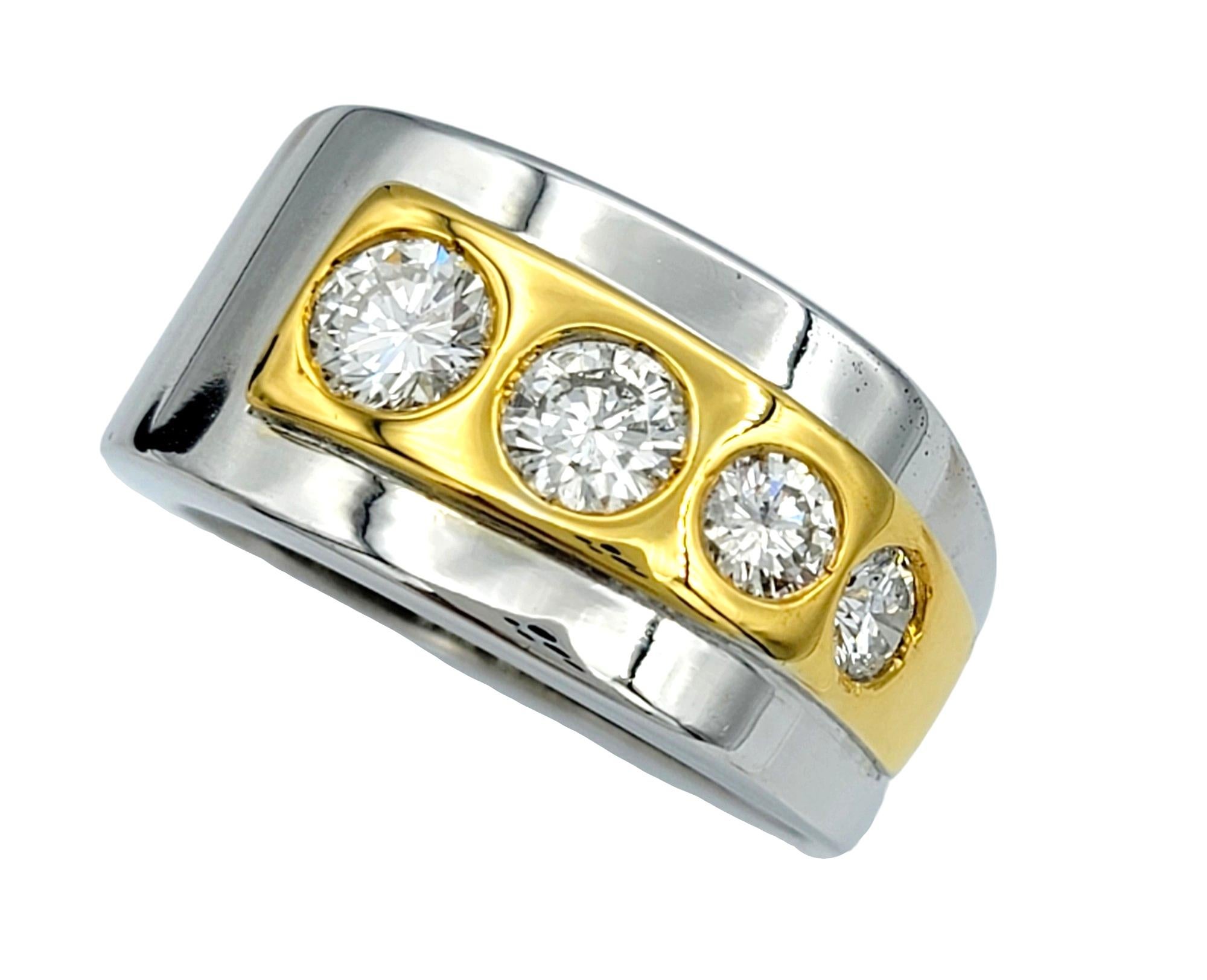 Round Cut Mens Two-Tone Polished 18 Karat Gold Band Ring with Four Graduated Diamonds For Sale