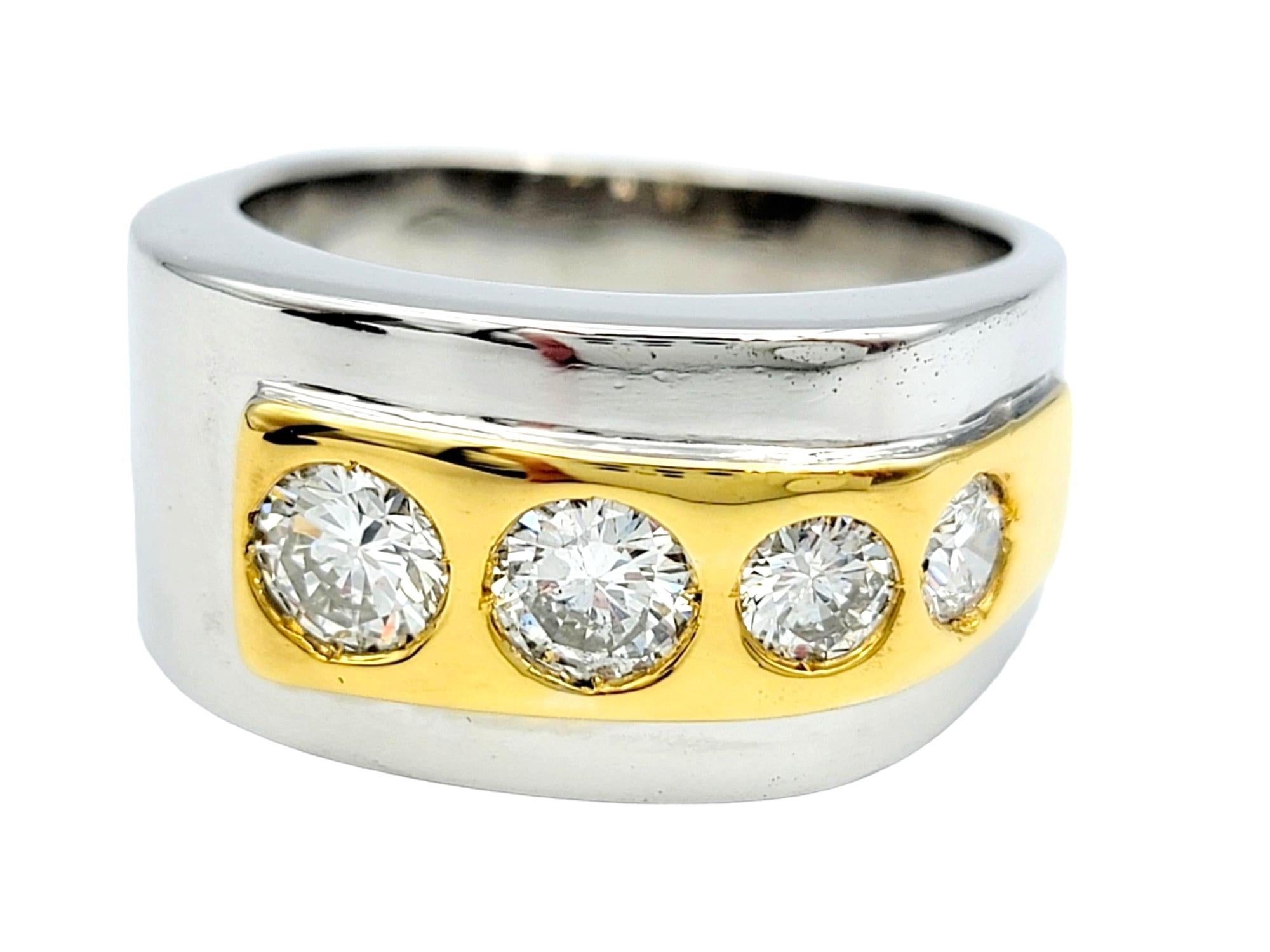 Men's Mens Two-Tone Polished 18 Karat Gold Band Ring with Four Graduated Diamonds For Sale